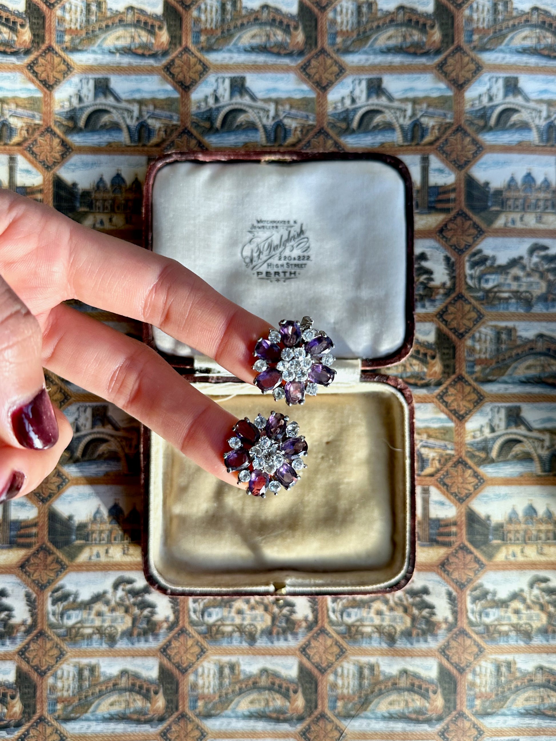 Persephone purple rhinestone clip-on earrings