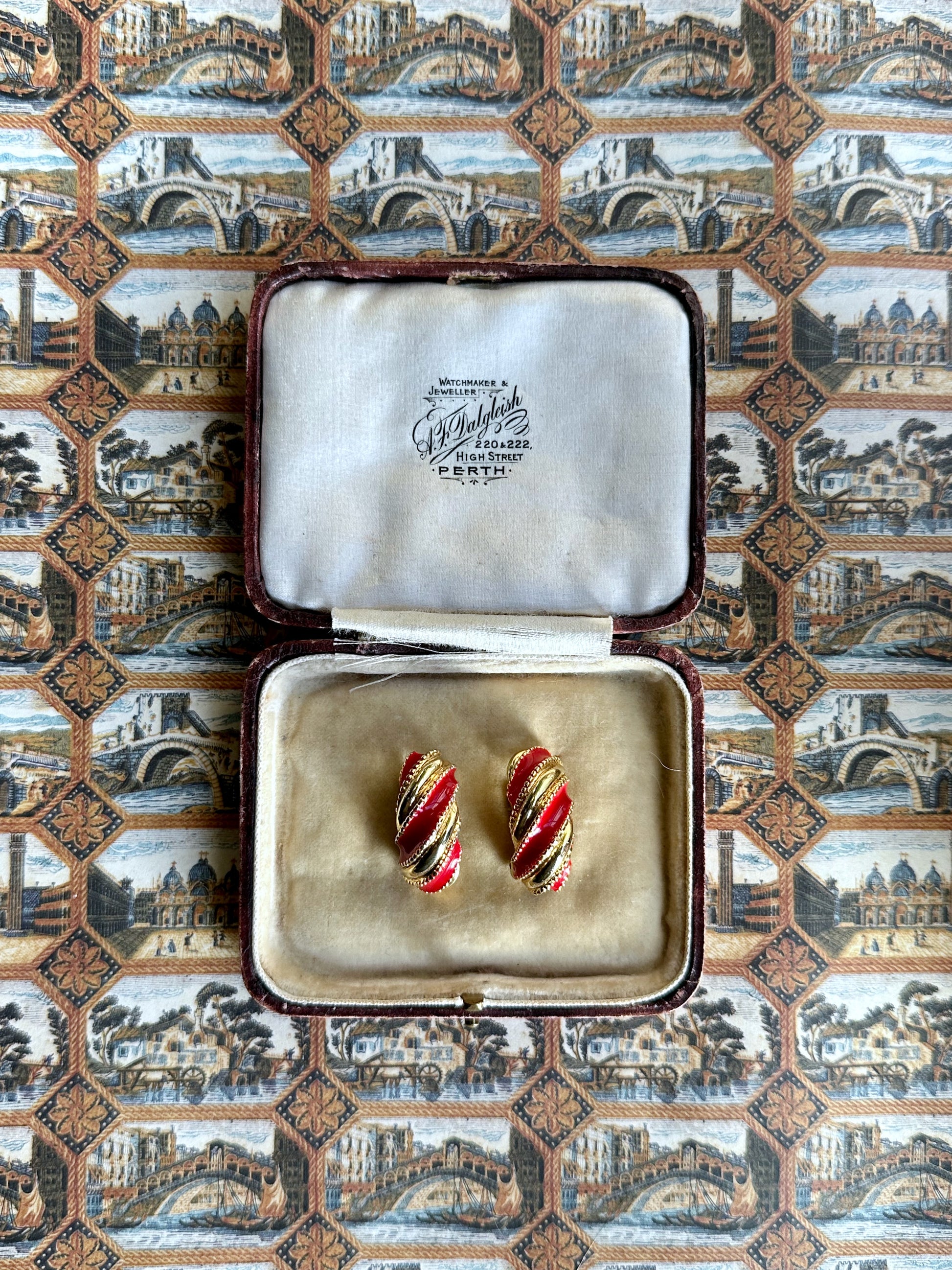 Adelaine red enamel and gold-tone half-hoop clip-ons