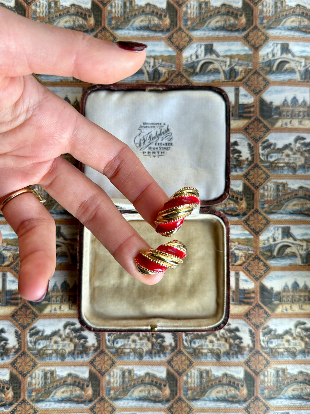 Adelaine red enamel and gold-tone half-hoop clip-ons
