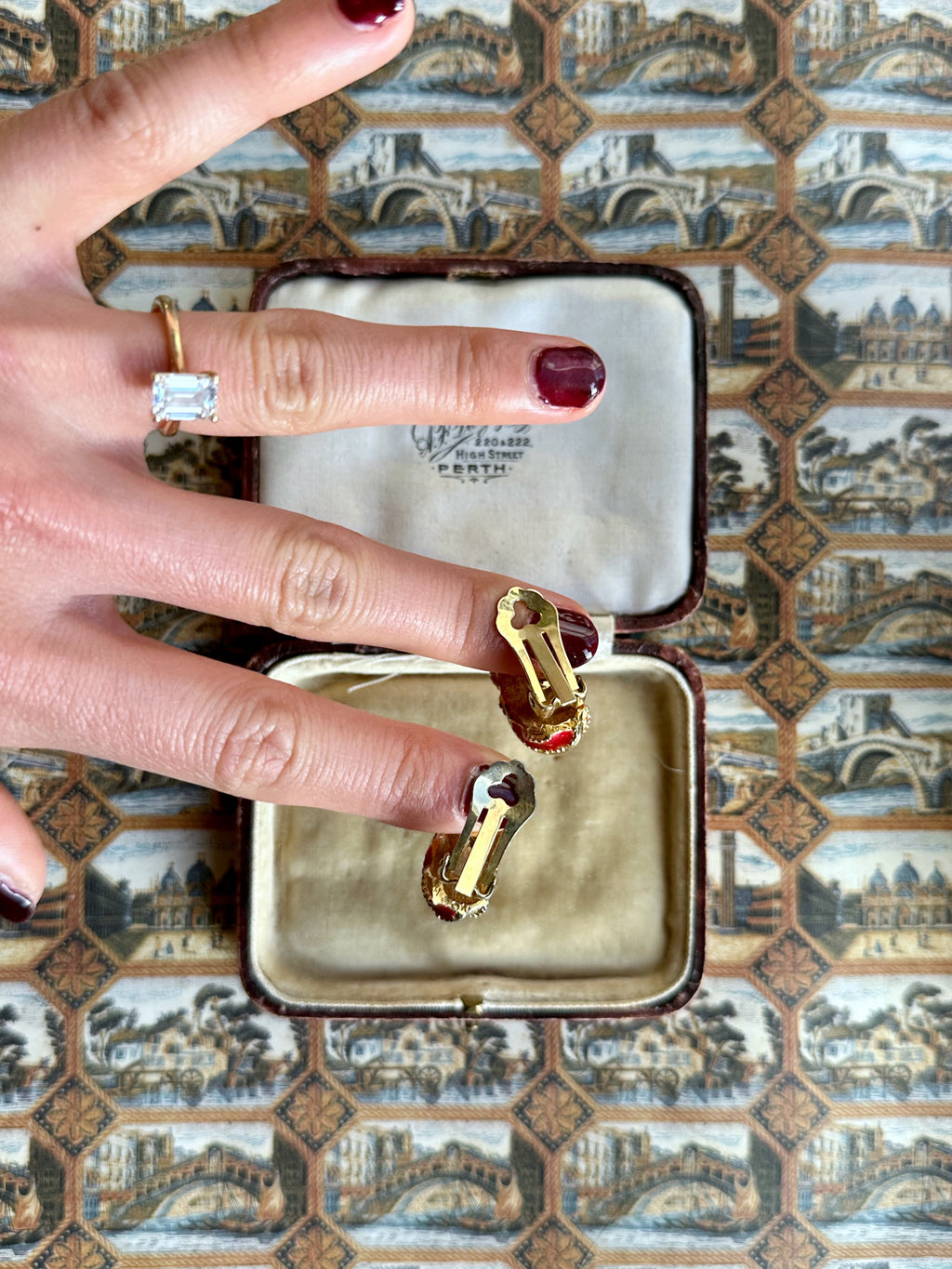 Adelaine red enamel and gold-tone half-hoop clip-ons