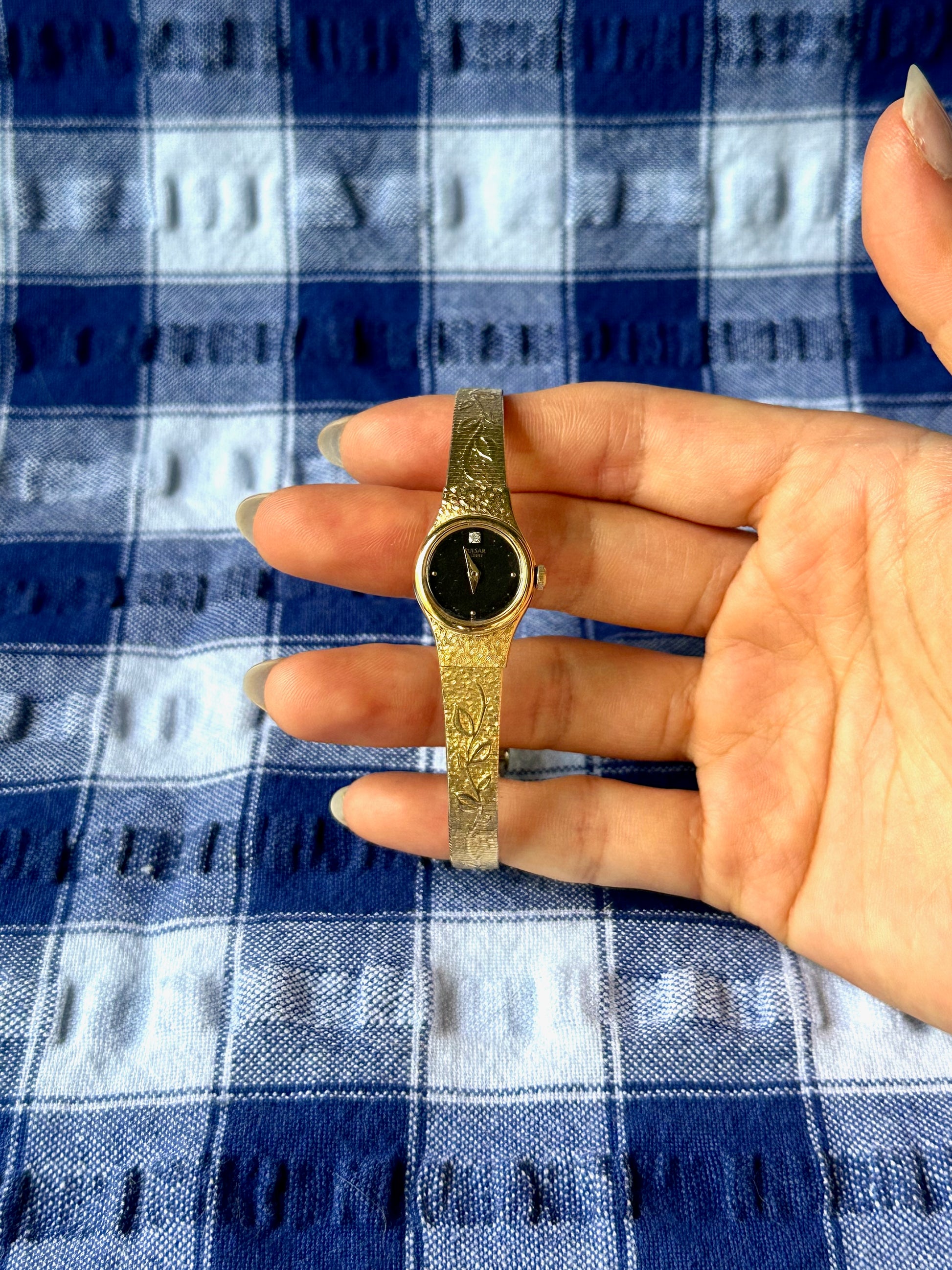 1980s Pulsar Black Dial Patterned Gold-Plated Quartz Watch