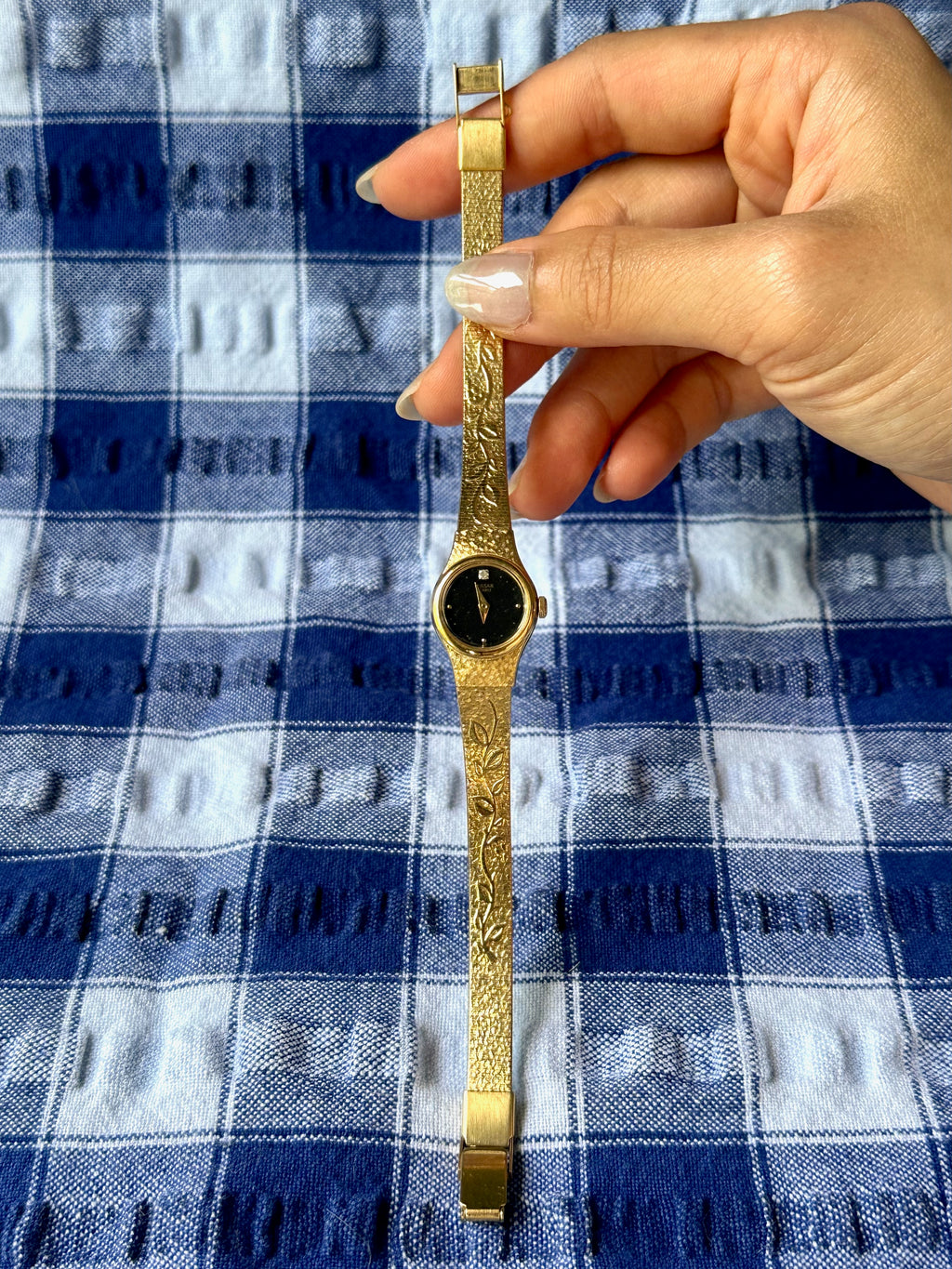 1980s Pulsar Black Dial Patterned Gold-Plated Quartz Watch