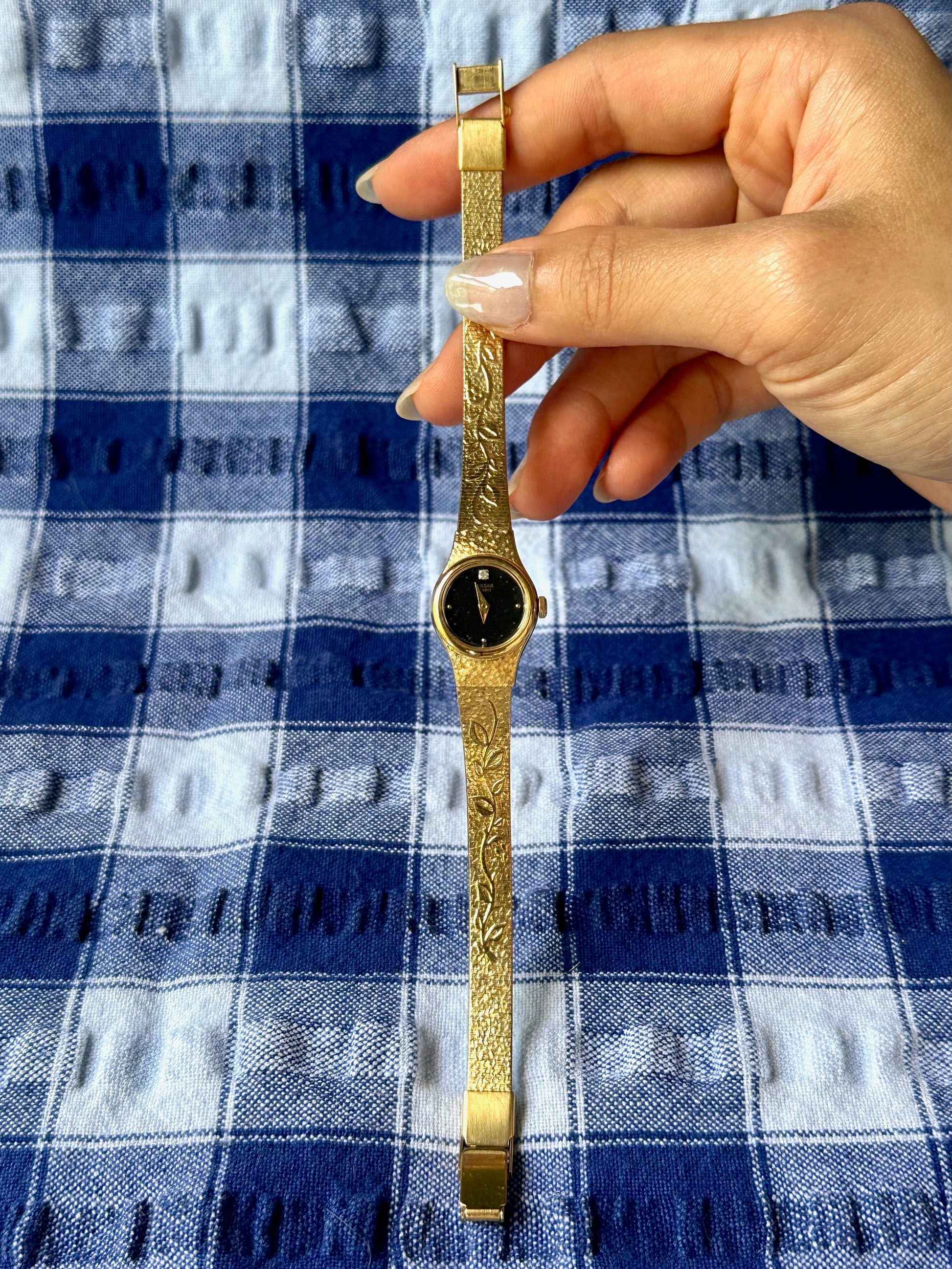 1980s Pulsar Black Dial Patterned Gold-Plated Quartz Watch