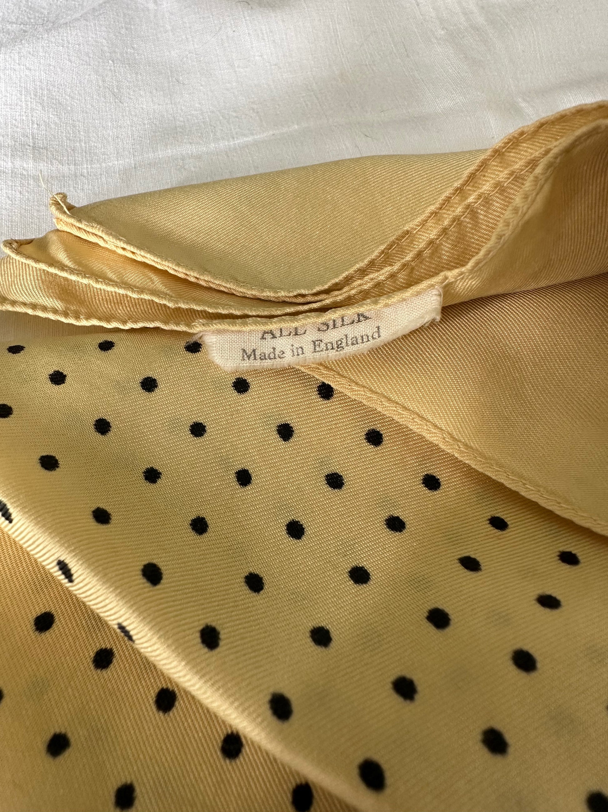 Vintage butter yellow silk scarf with white dots