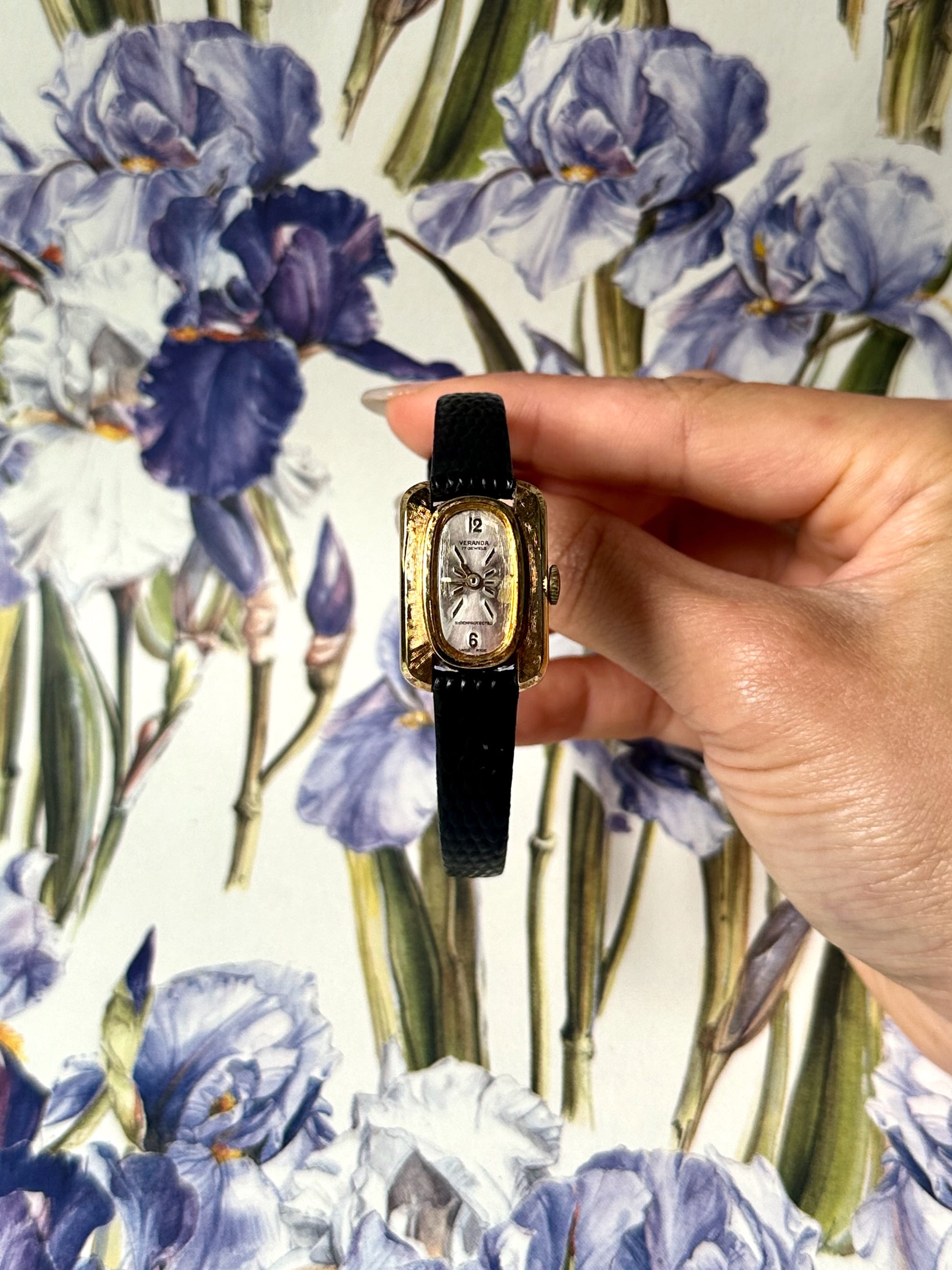 1950s Veranda black leather mechanical watch