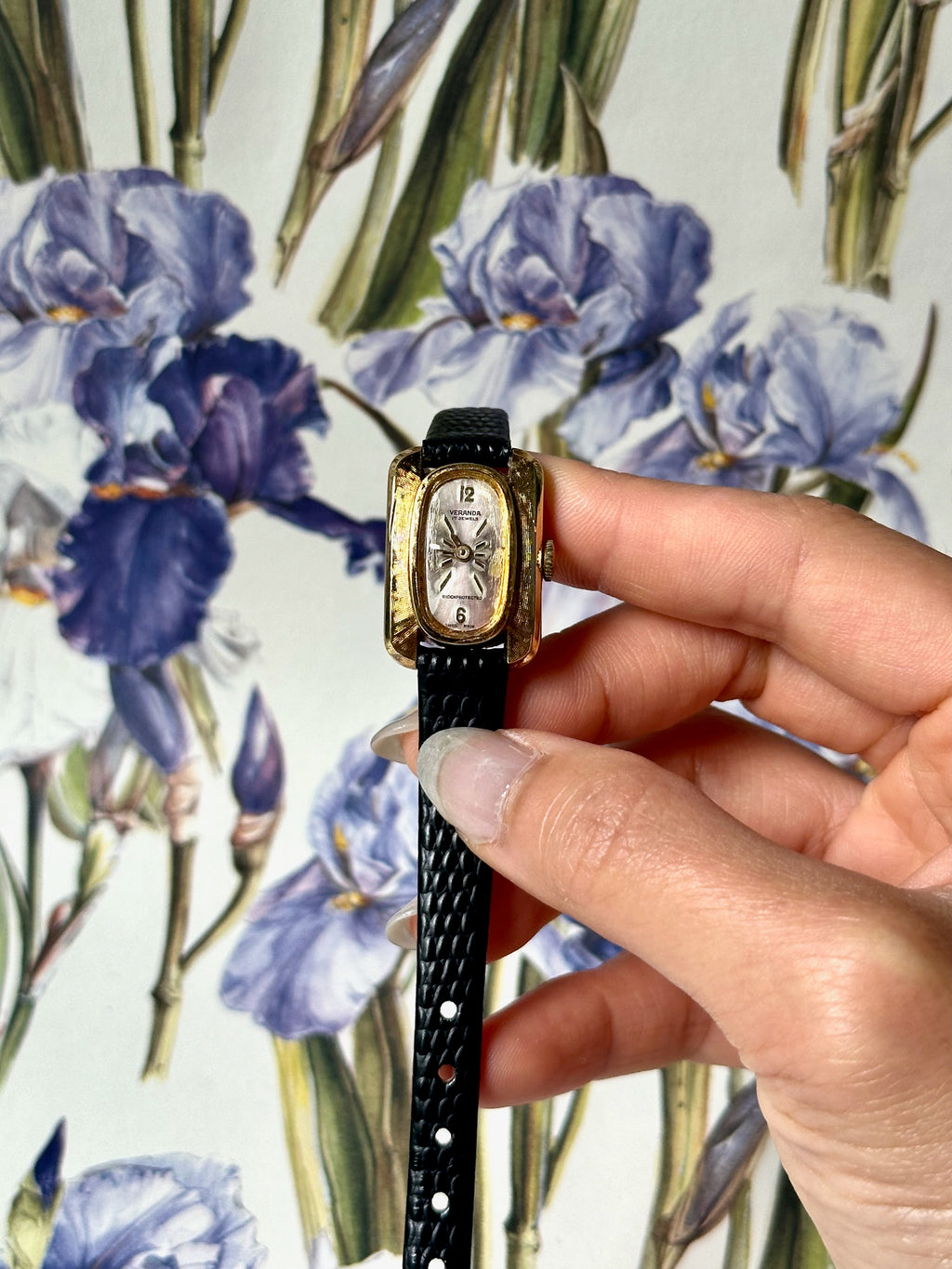 1950s Veranda black leather mechanical watch