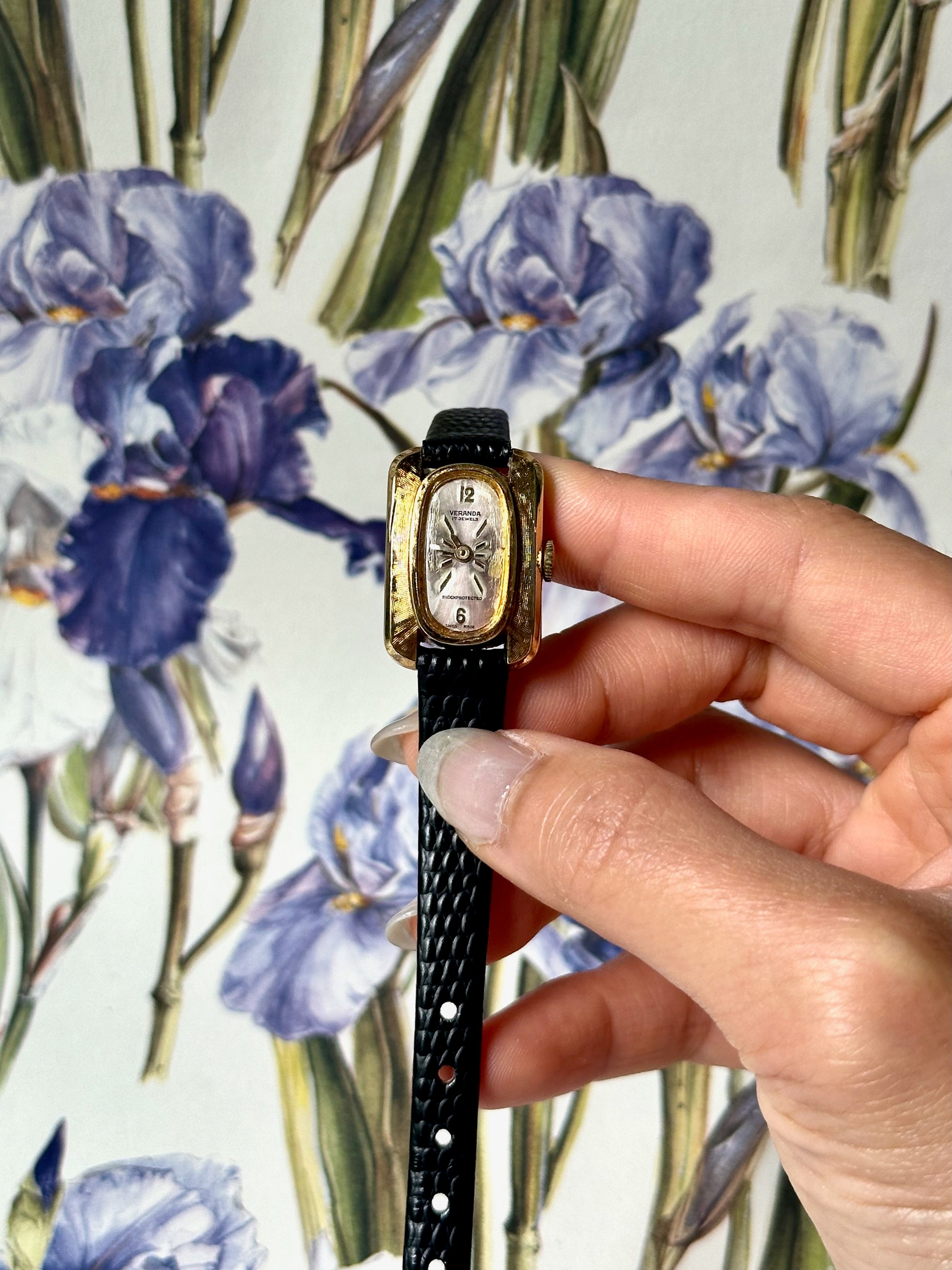 1950s Veranda black leather mechanical watch