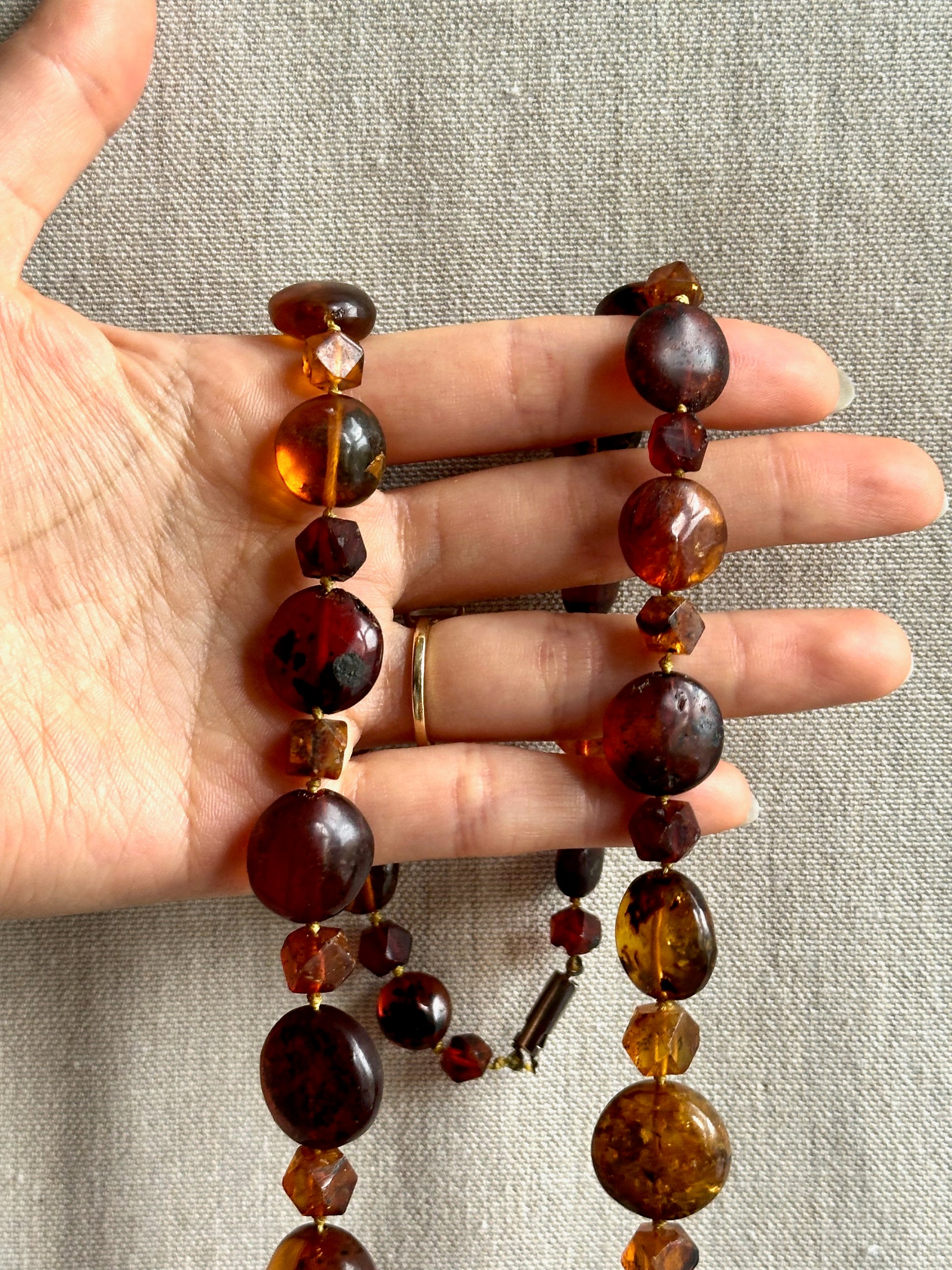 Vintage amber disc long necklace