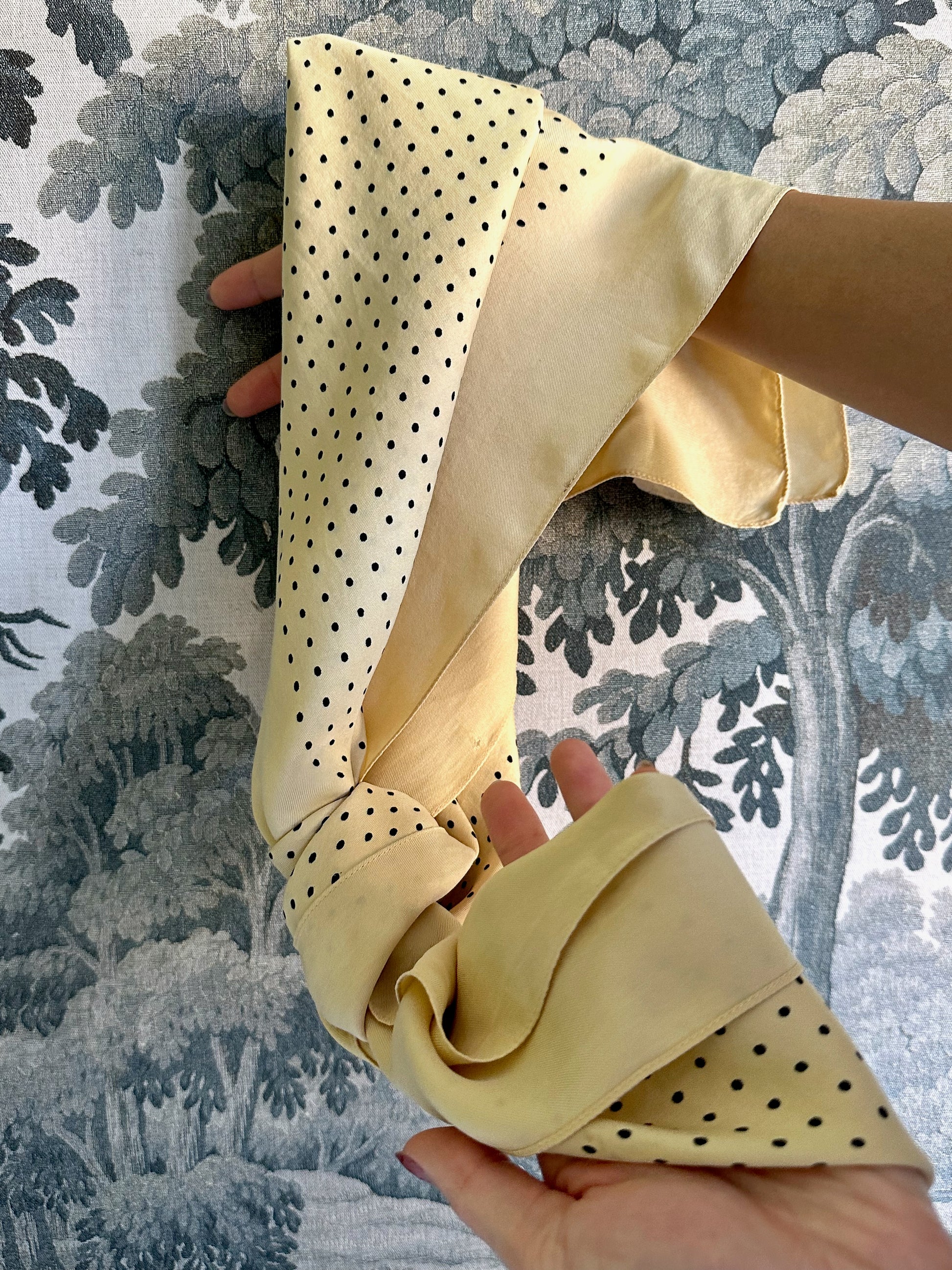 Vintage butter yellow silk scarf with white dots