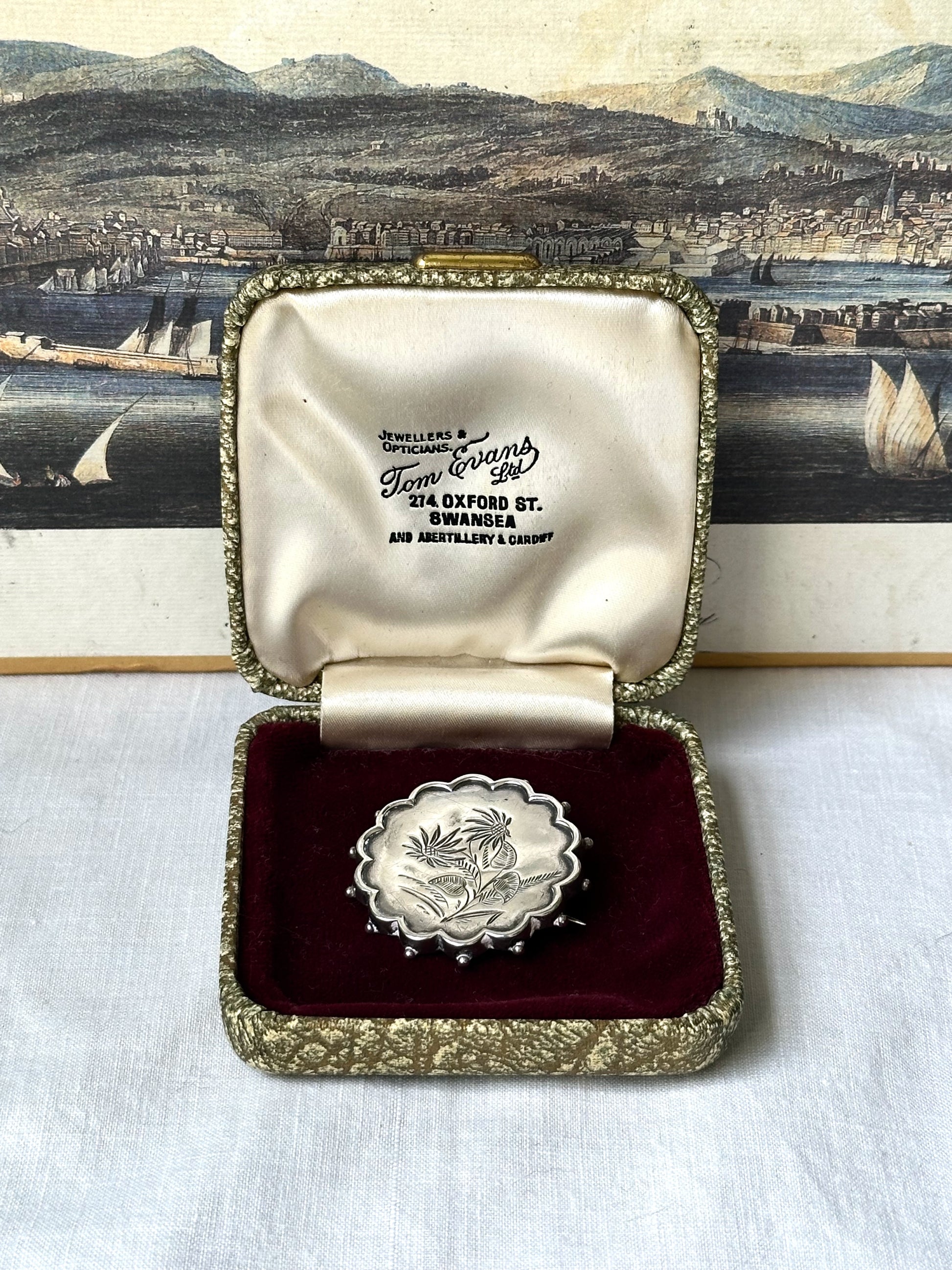 1950s Flower-Engraved Silver Brooch