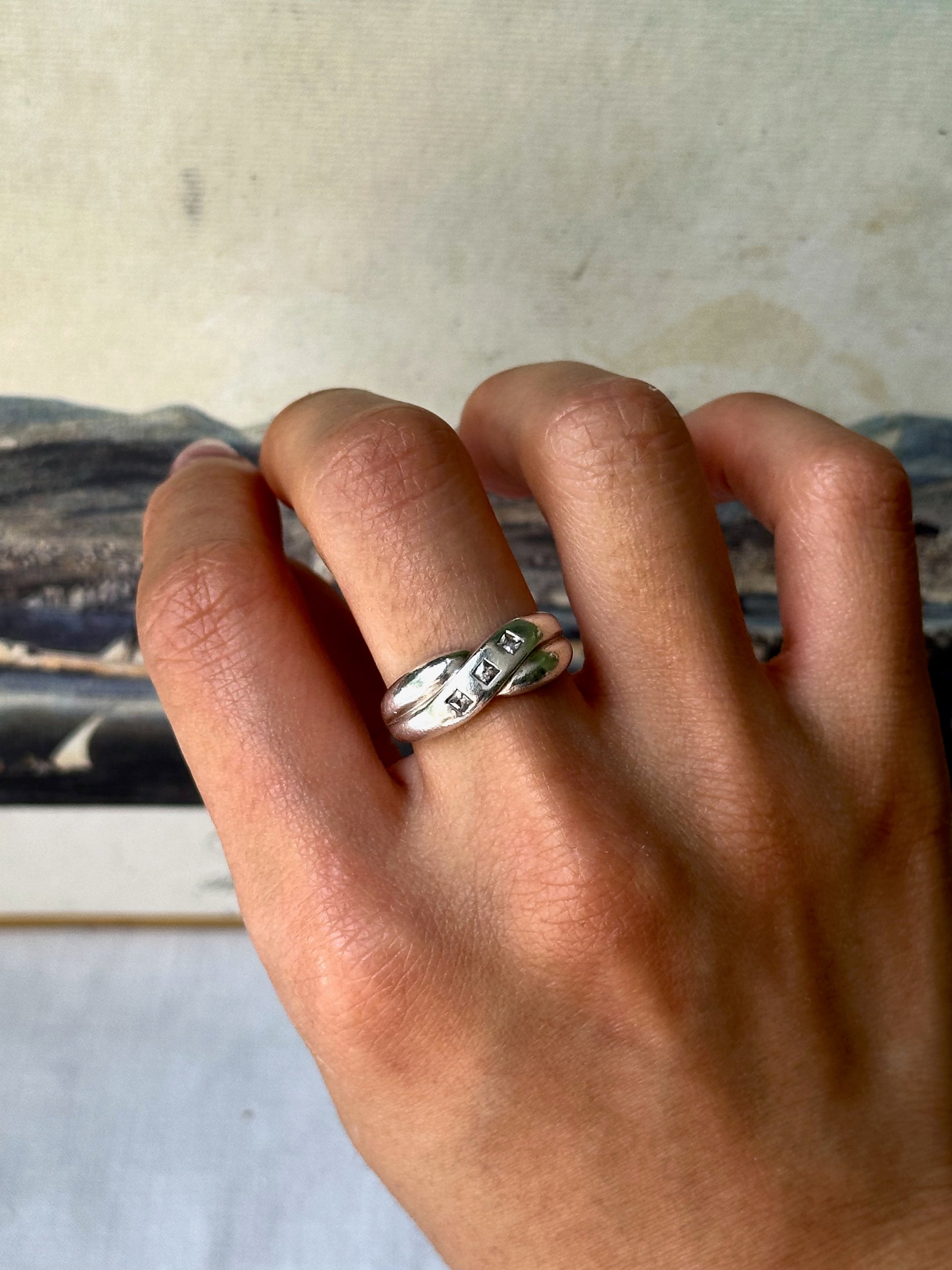 Vintage Three Rhinestone Sterling Silver Ring