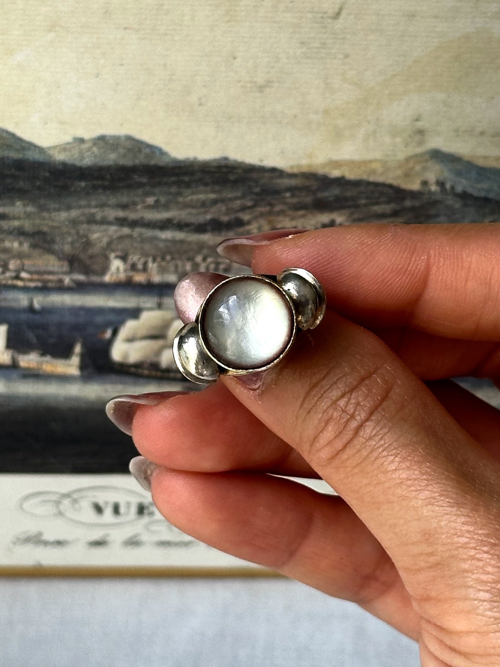 Vintage Silver Tone Cabochon Brass Ring