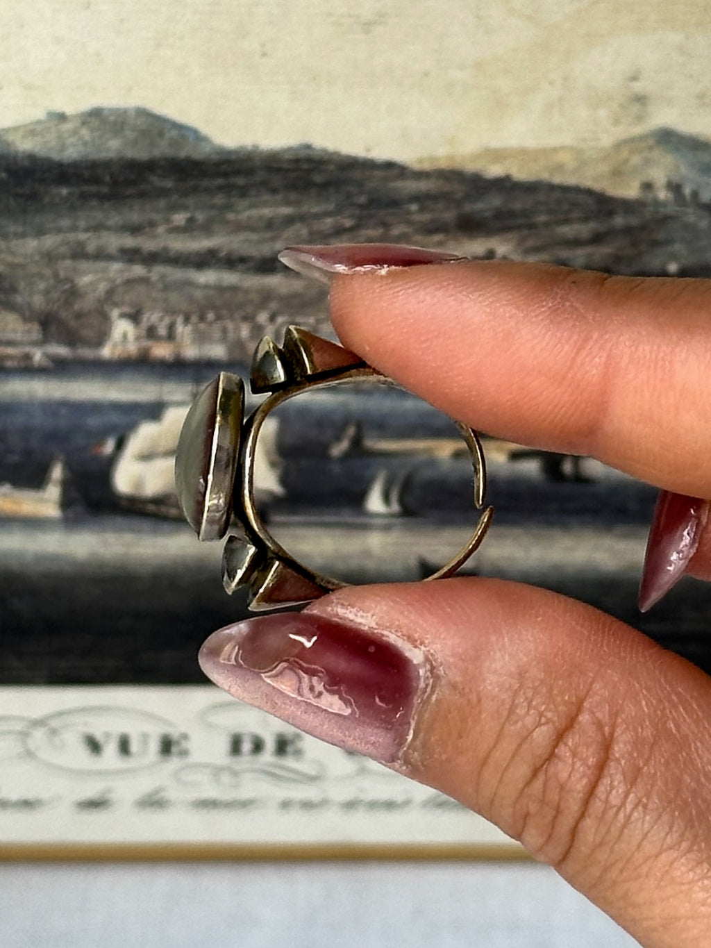 Vintage Silver Tone Cabochon Brass Ring