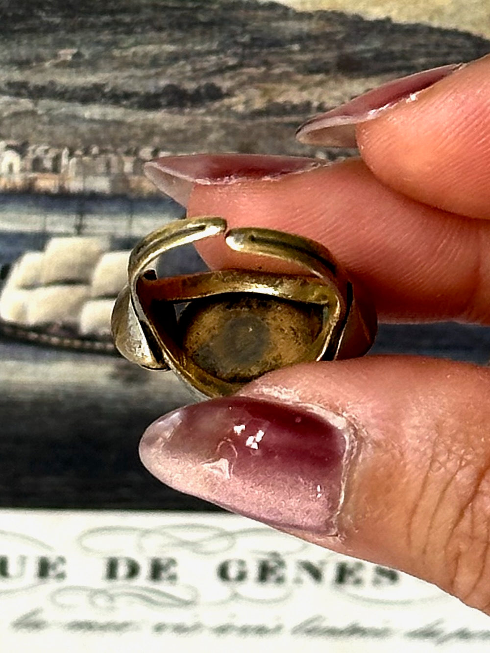 Vintage Silver Tone Cabochon Brass Ring