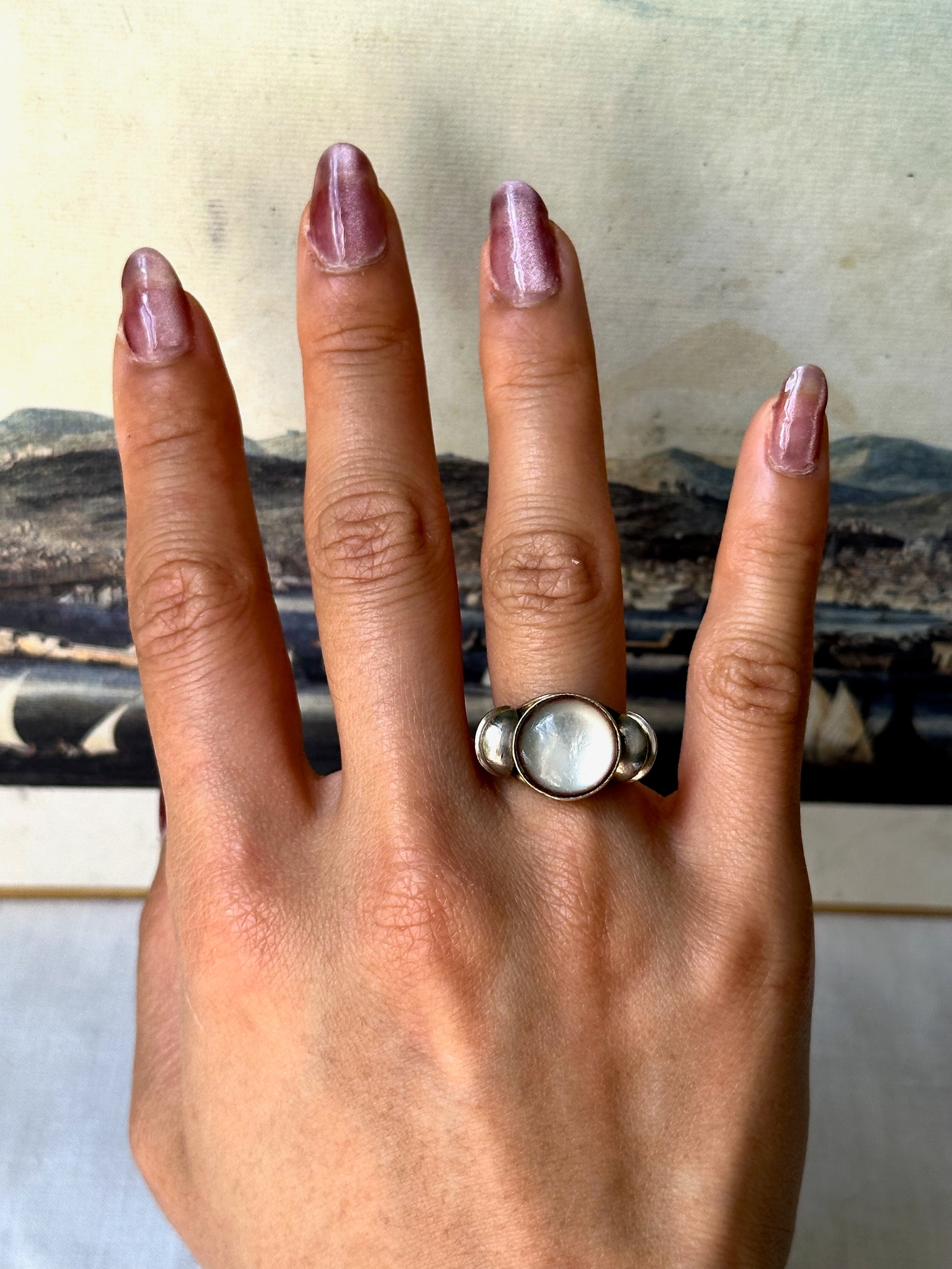 Vintage Silver Tone Cabochon Brass Ring