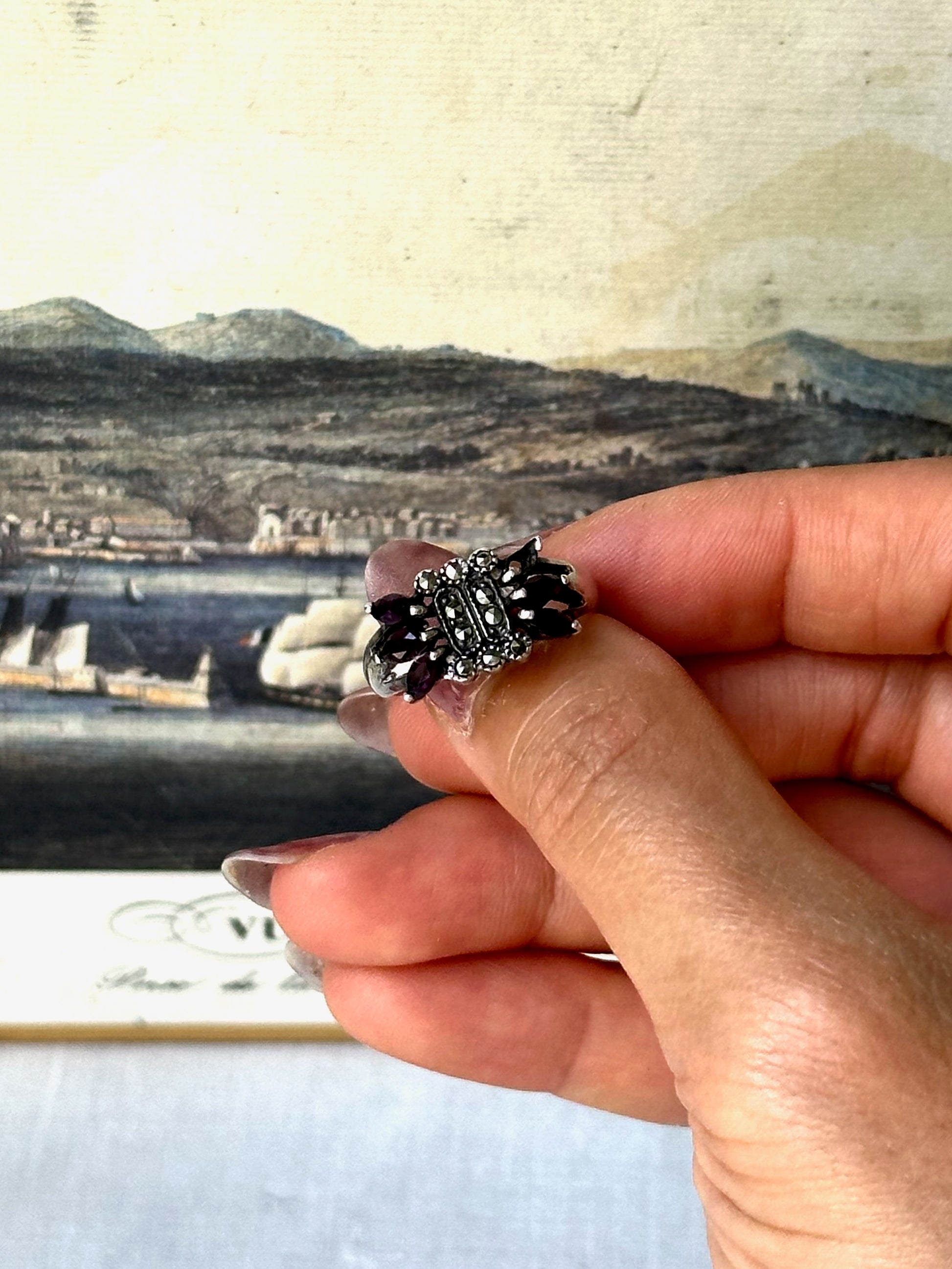 1950s Marcasite & Purple Stone Silver Ring