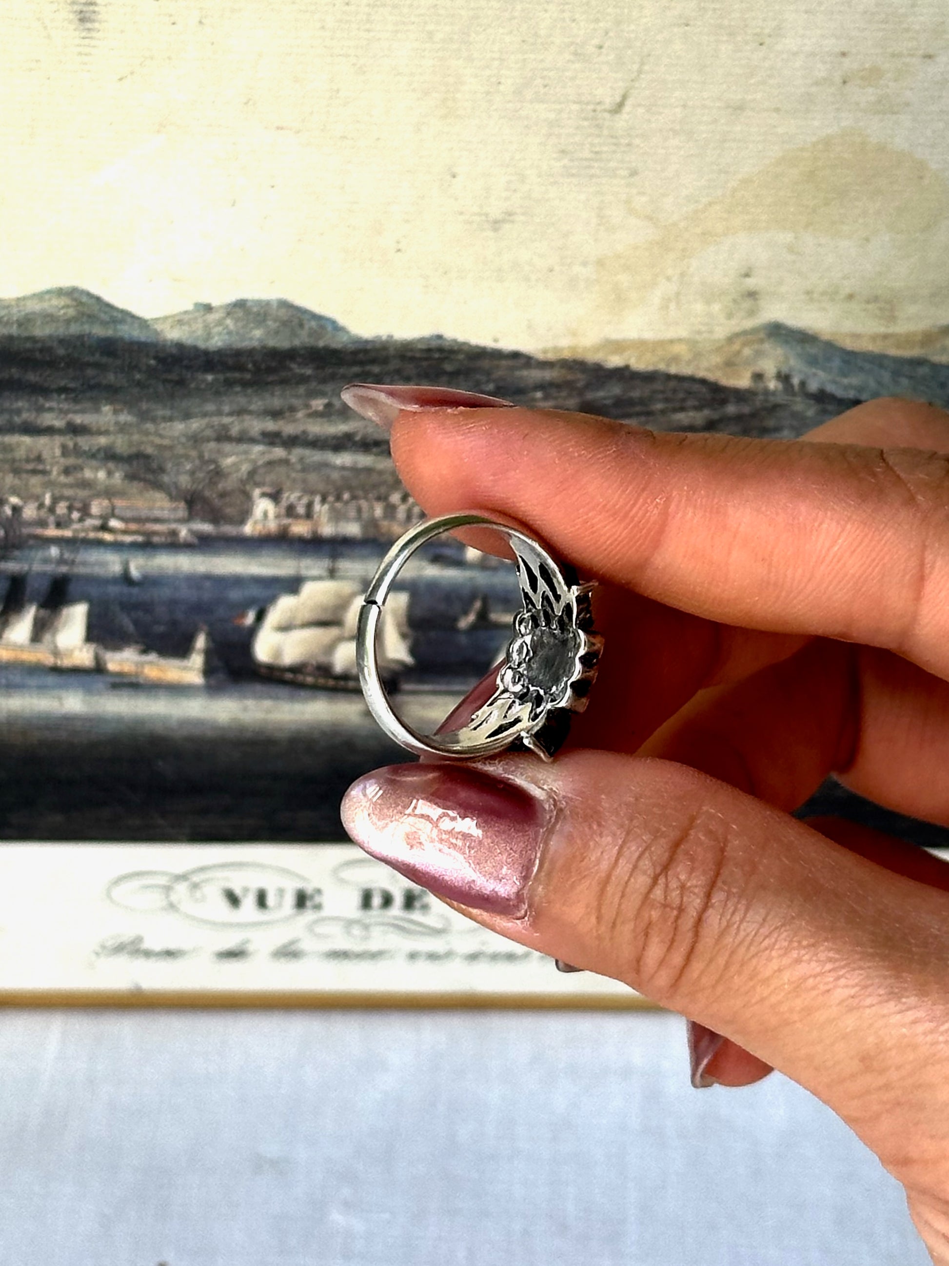 1950s Marcasite & Purple Stone Silver Ring