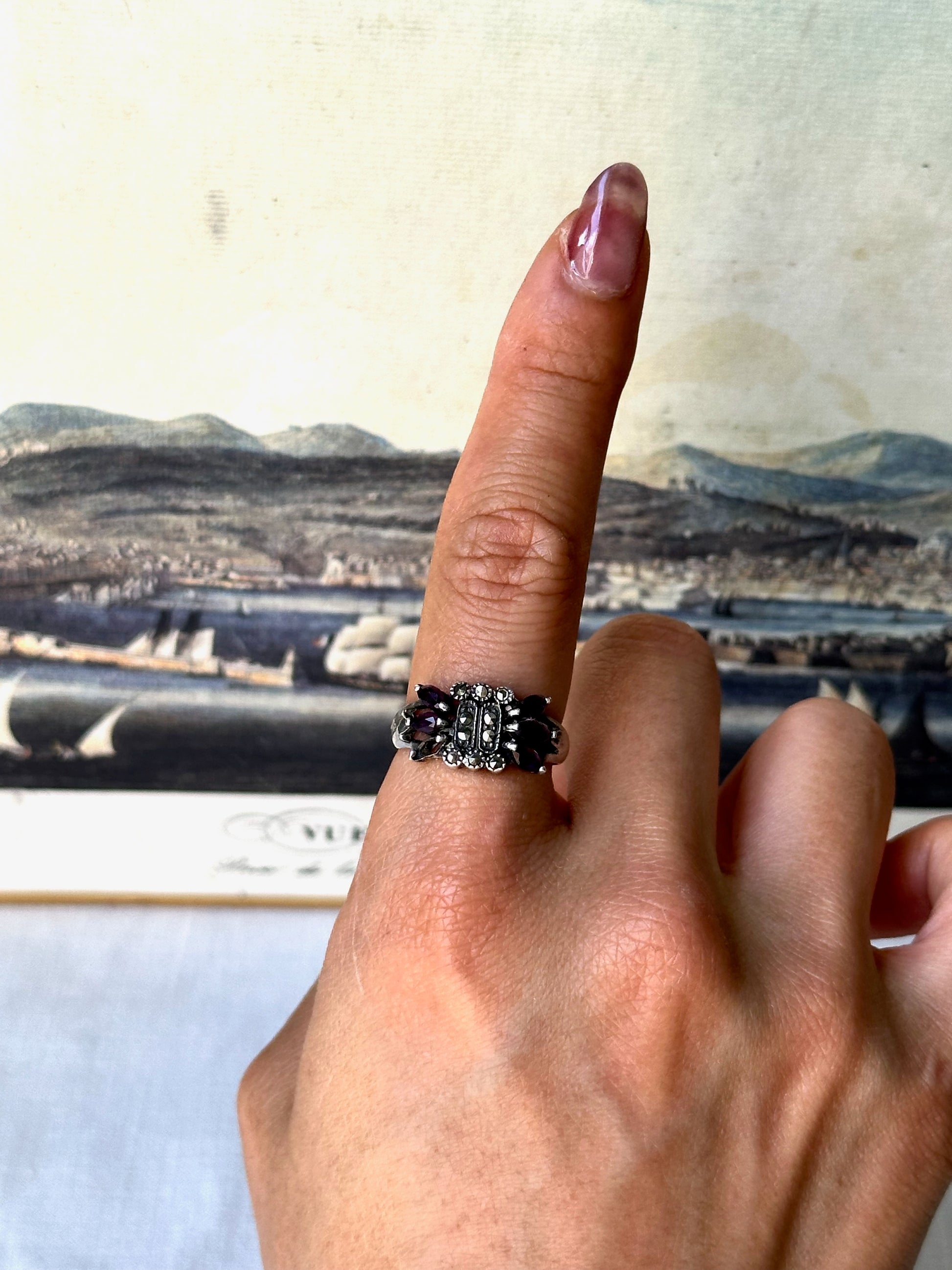 1950s Marcasite & Purple Stone Silver Ring