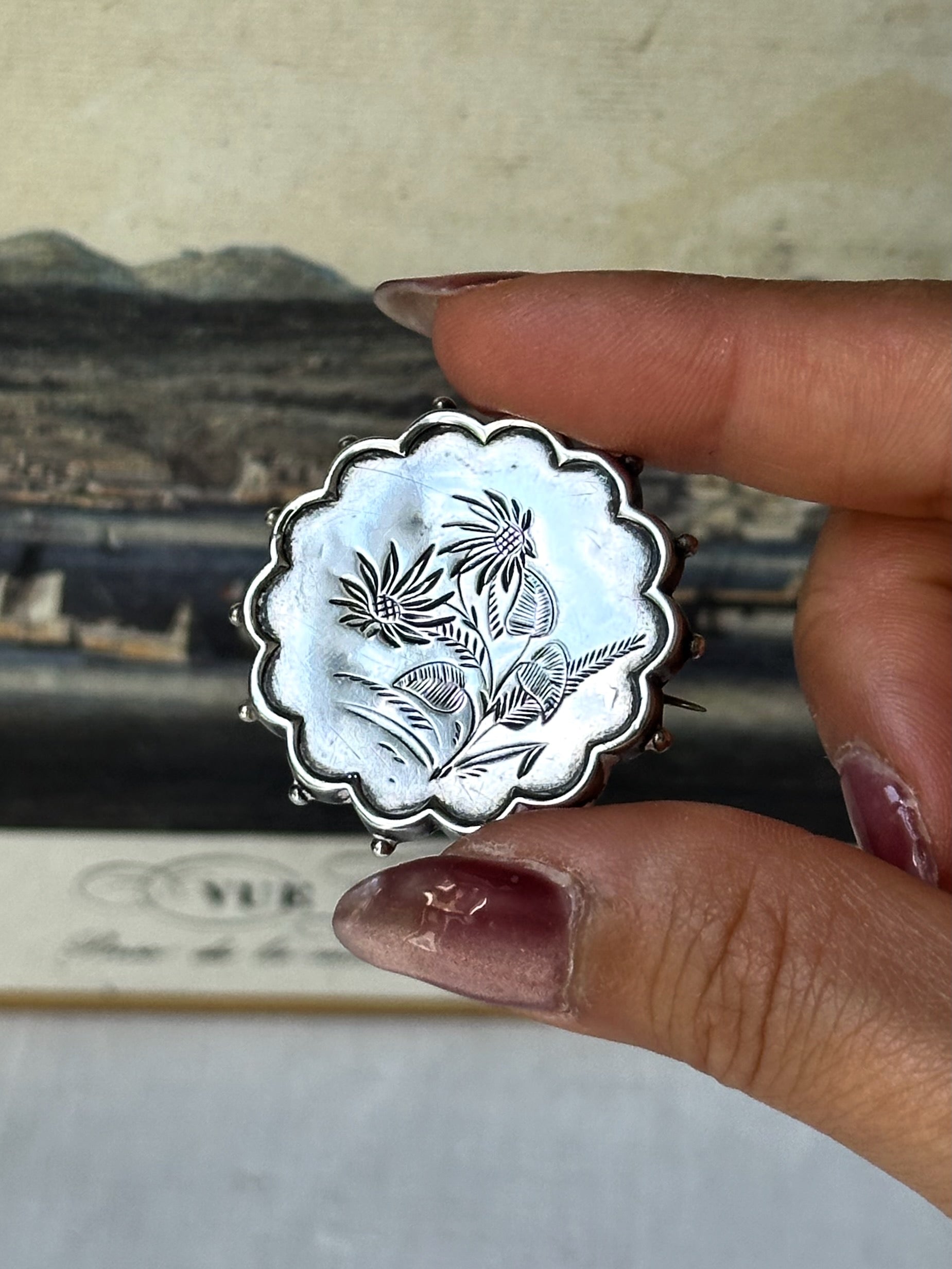 1950s Flower-Engraved Silver Brooch