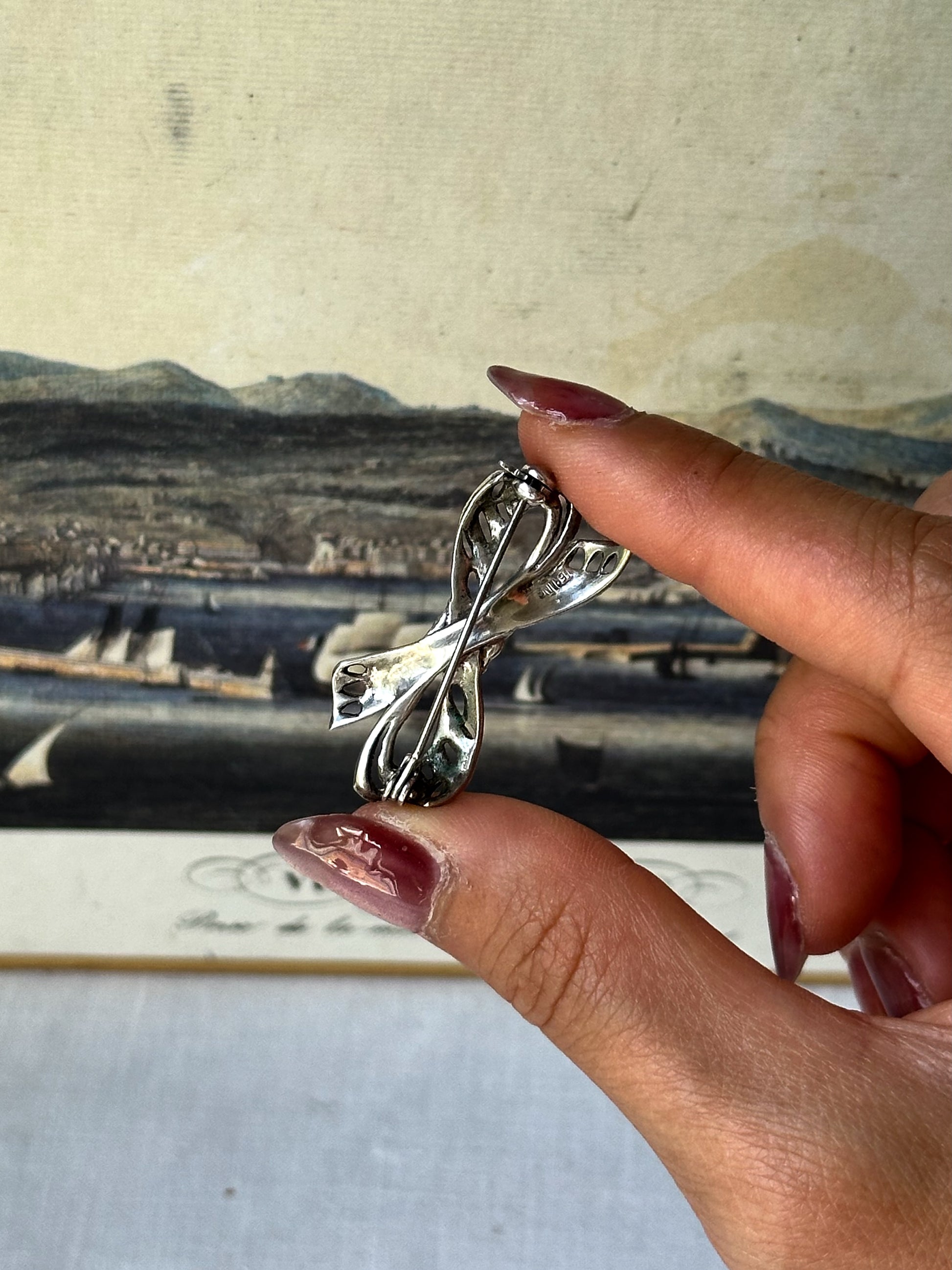 1960s Marcasite & Sterling Silver Bow Brooch