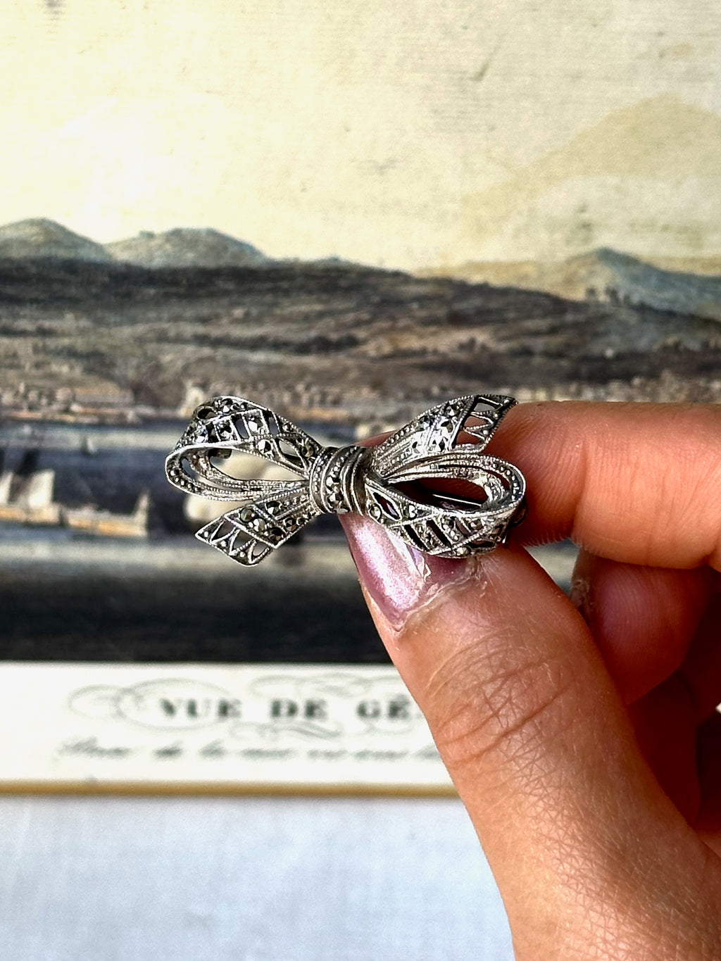 1960s Marcasite & Sterling Silver Bow Brooch