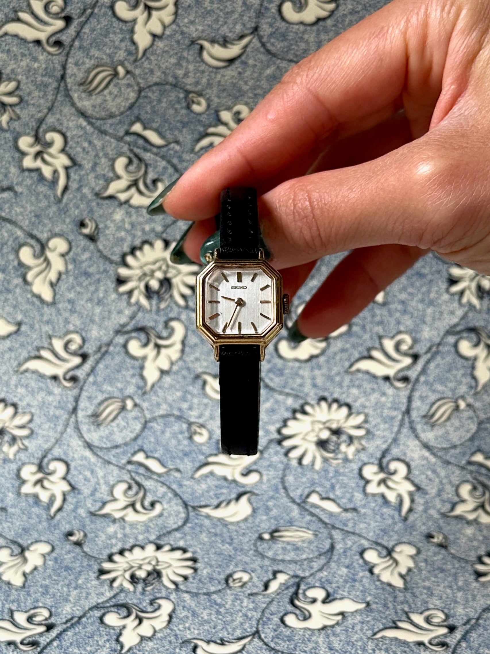 1970s Seiko octagon black leather mechanical watch