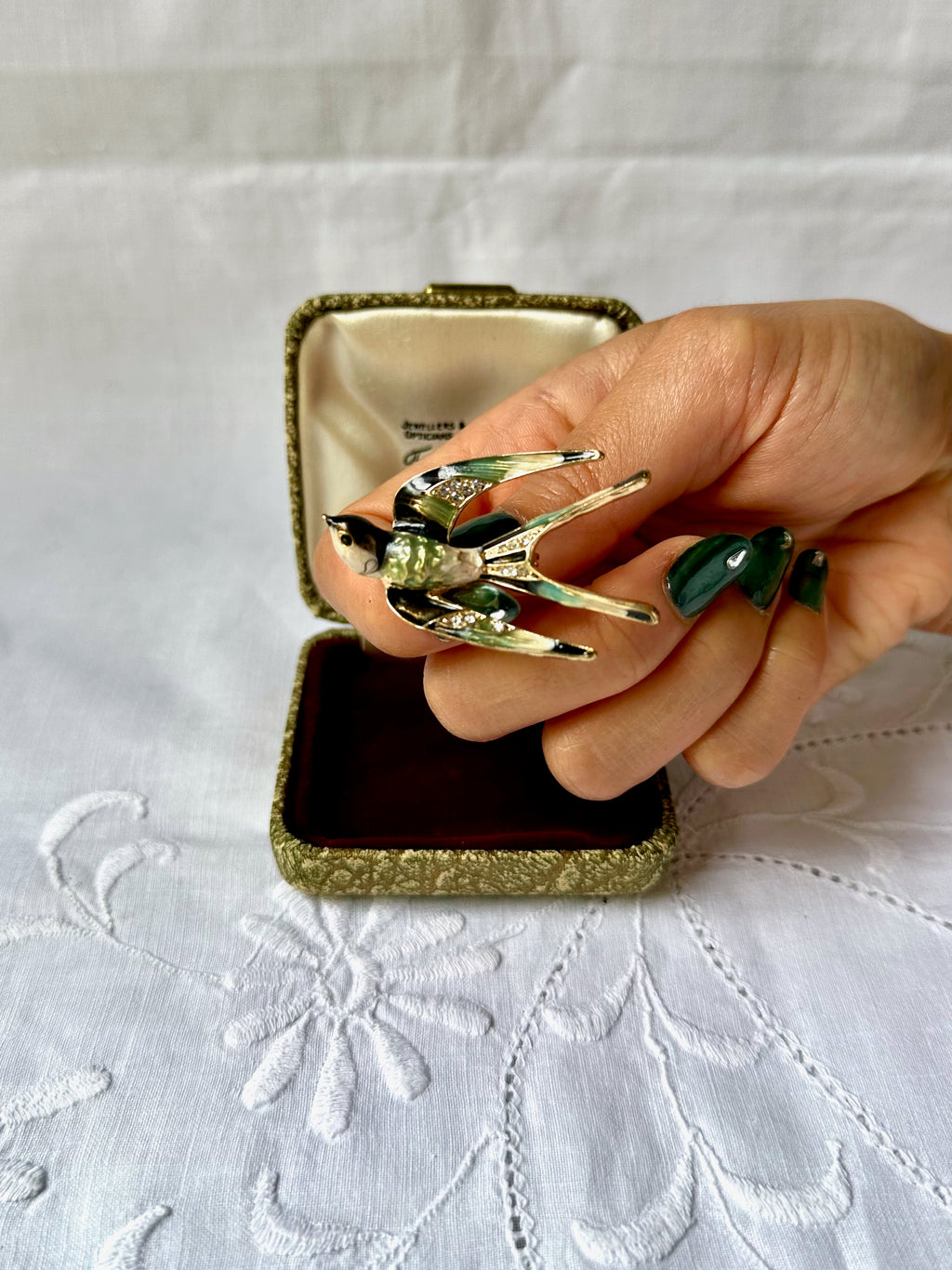 1970s Green Swallow Brooch