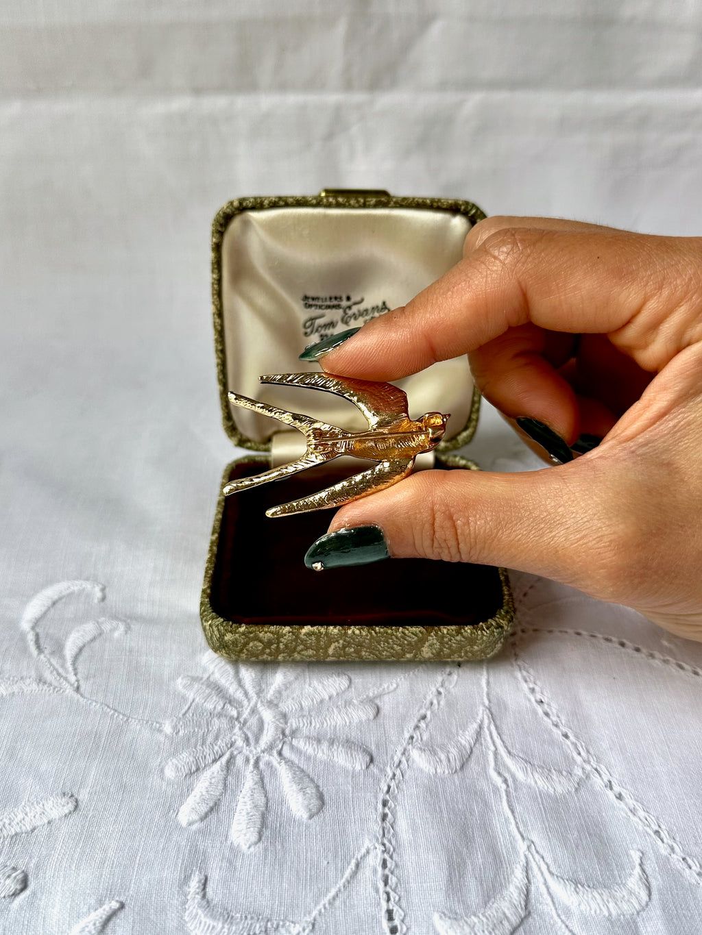 1970s Green Swallow Brooch