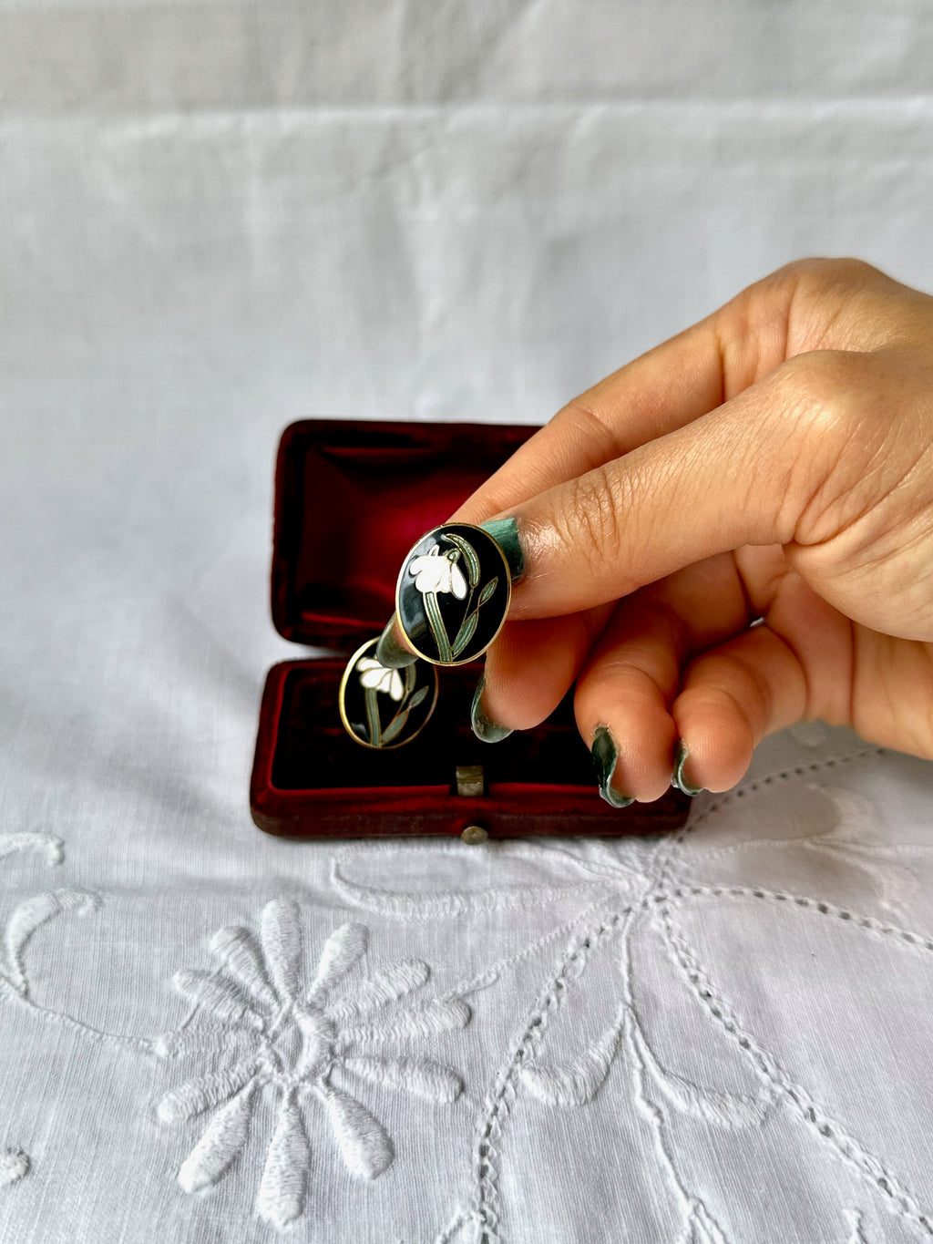 1970s White Lily Cloisonné Clip-On Earrings