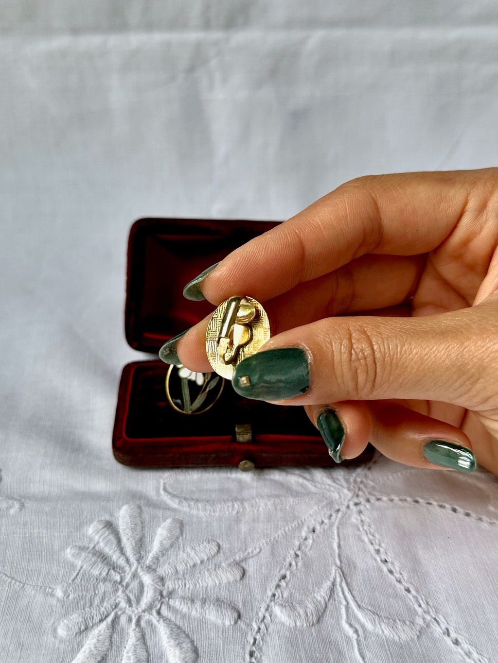 1970s White Lily Cloisonné Clip-On Earrings