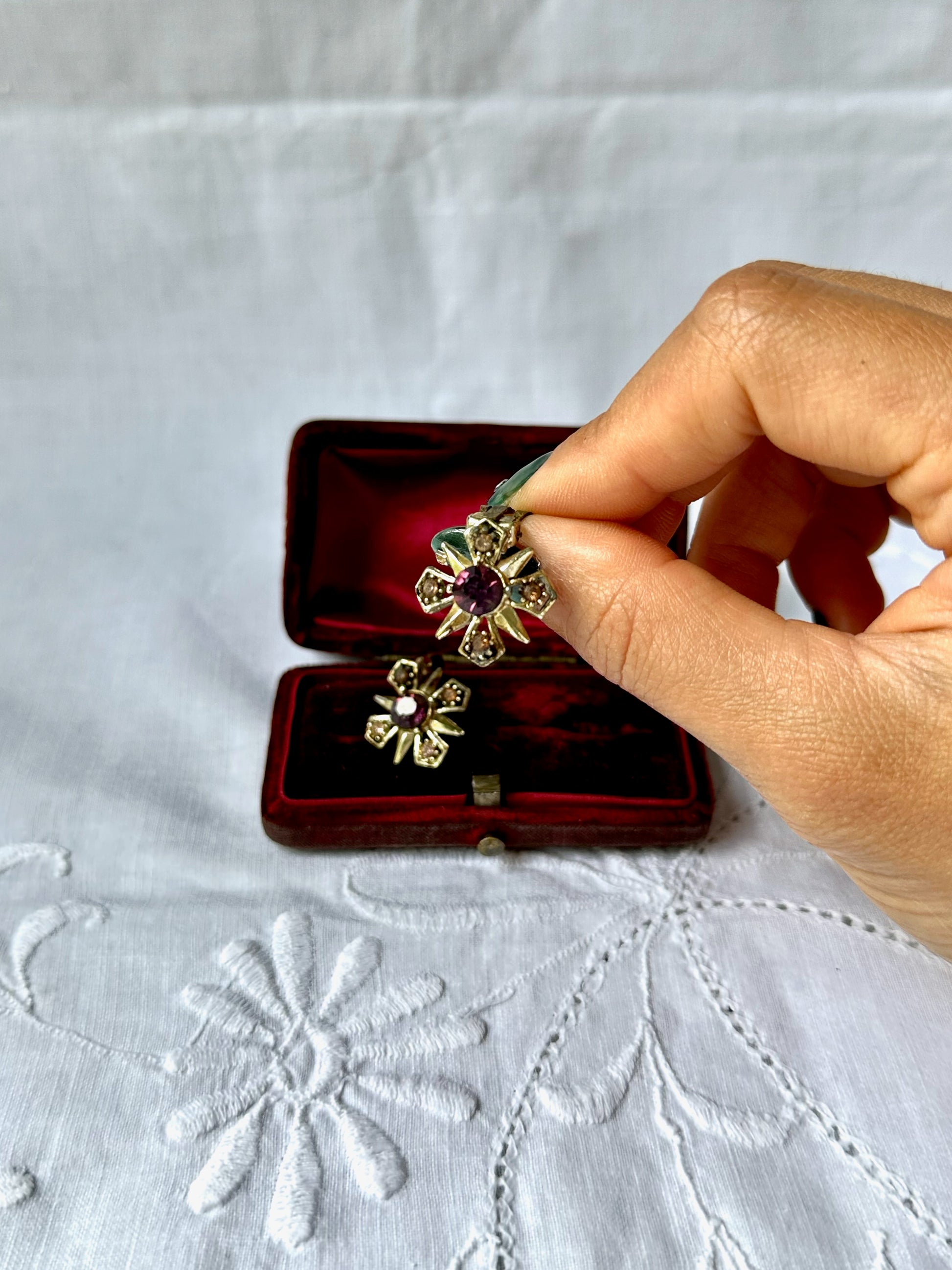 1950s Purple Stone Cross Clip-On Earrings