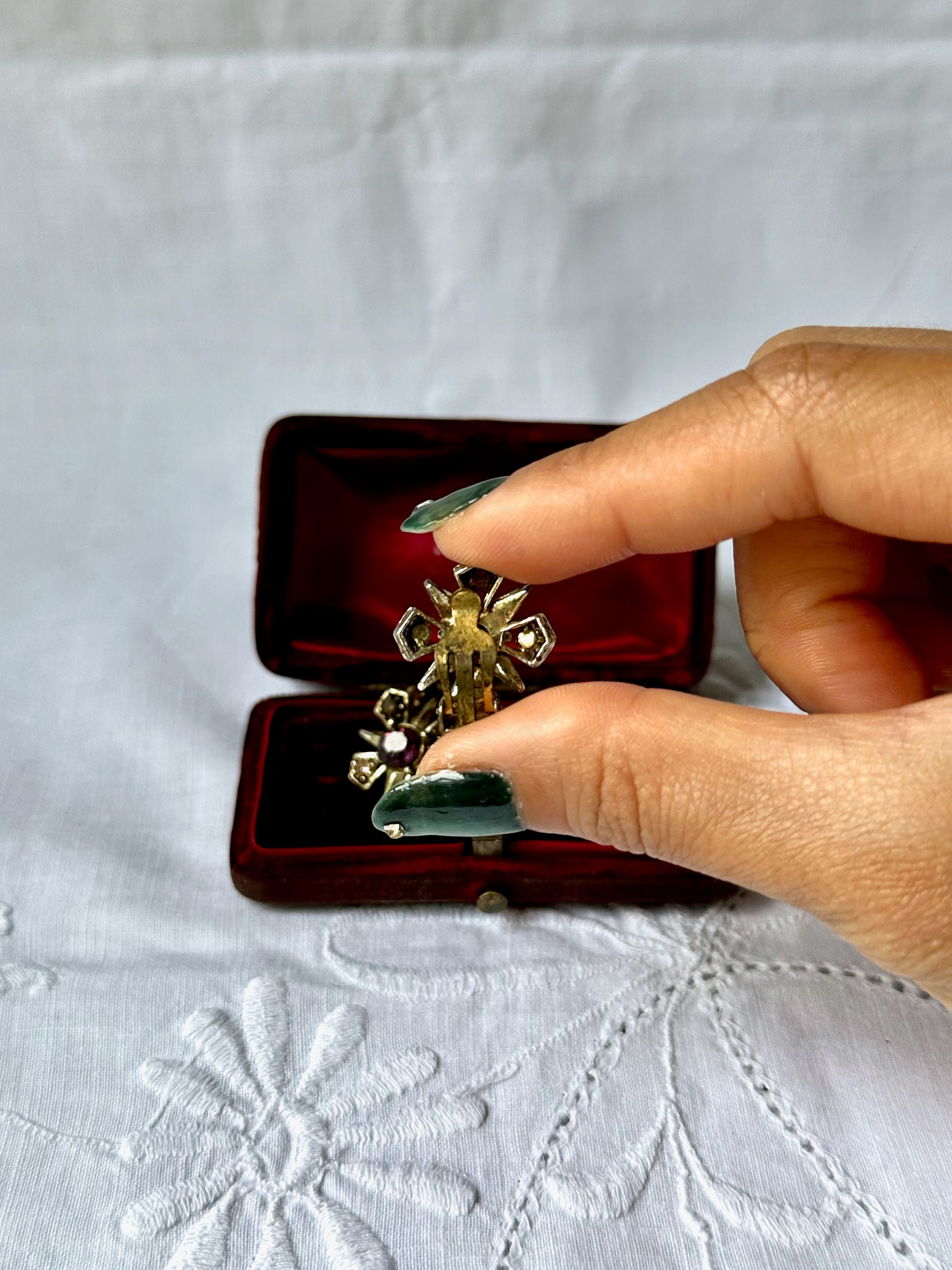1950s Purple Stone Cross Clip-On Earrings