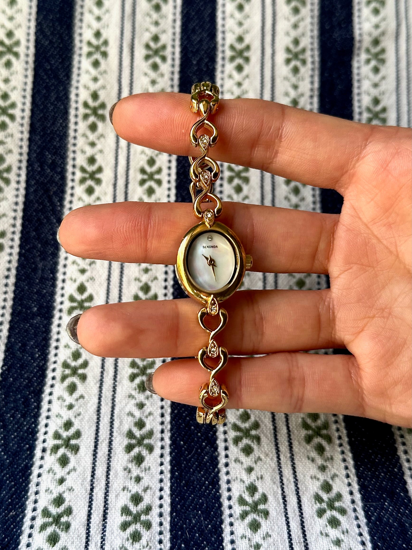 1980s Sekonda mother of pearl and rhinestone quartz watch