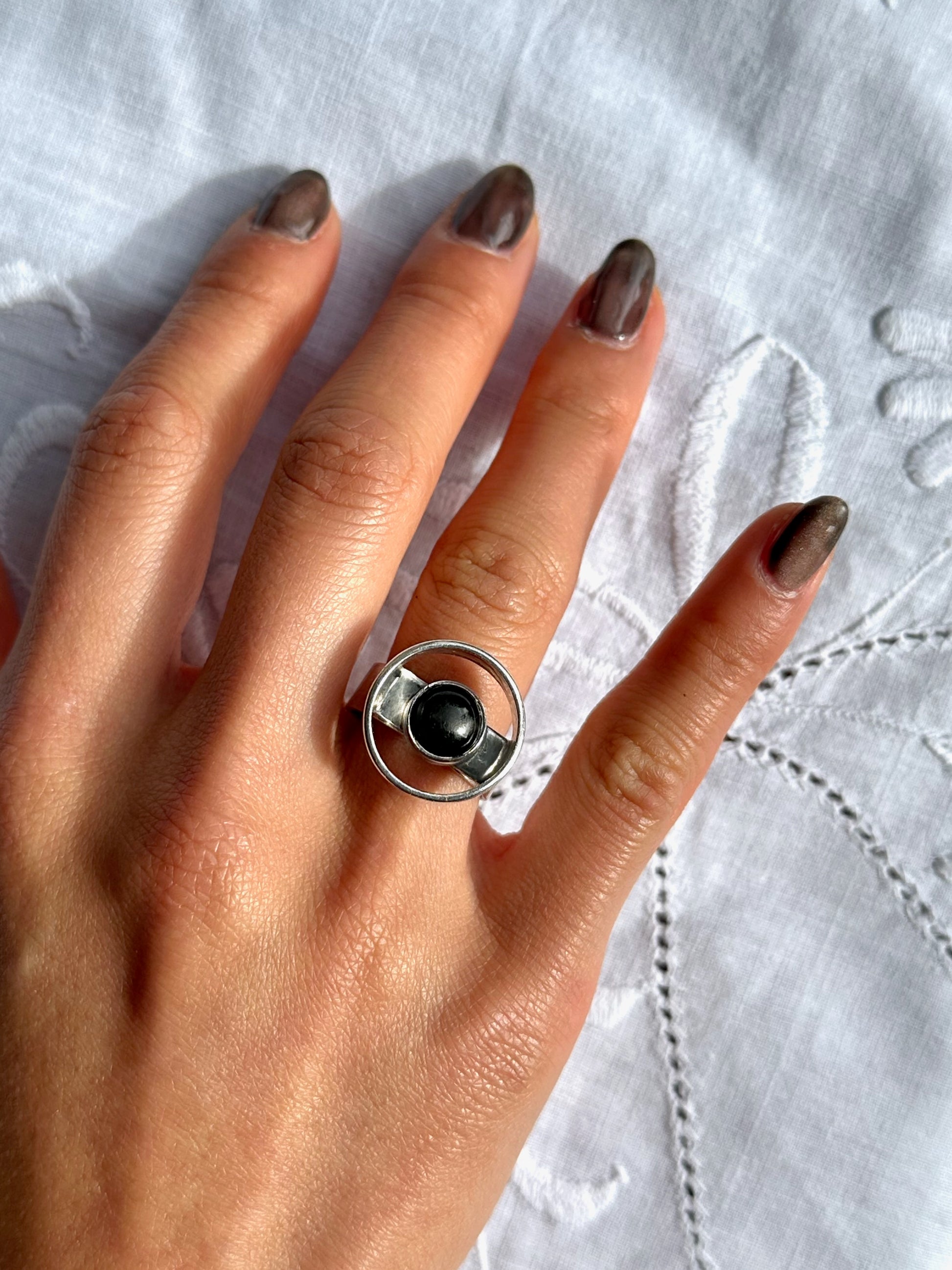 Vintage Onyx Orbit Sterling Silver Ring