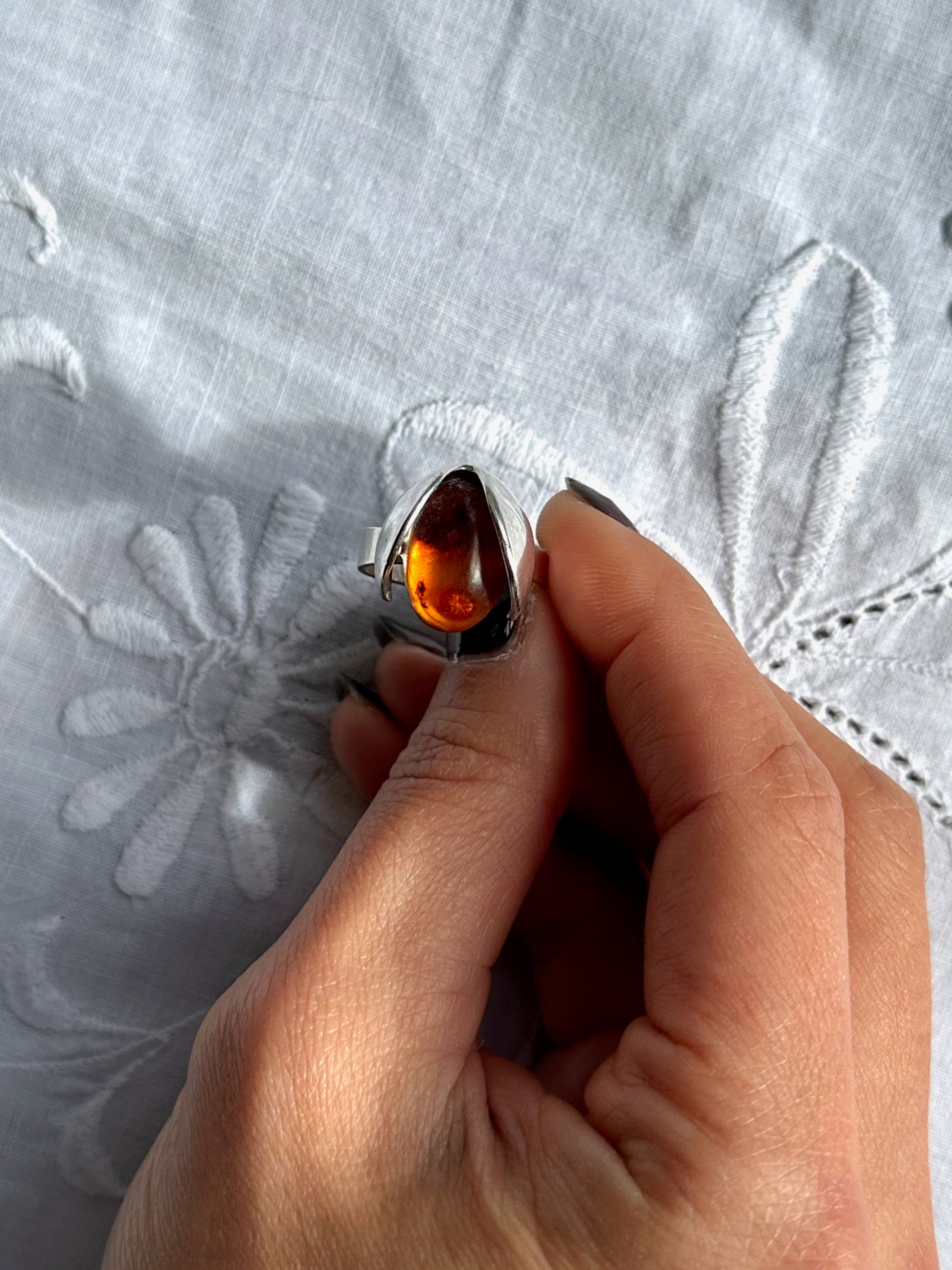 Vintage Amber Ladybird Sterling Silver Ring