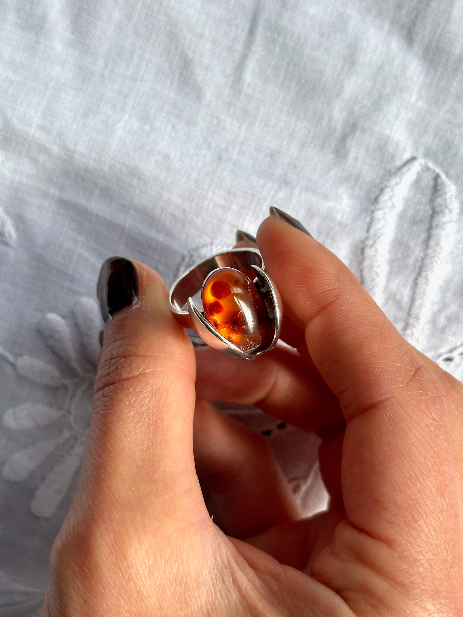 Vintage Amber Ladybird Sterling Silver Ring
