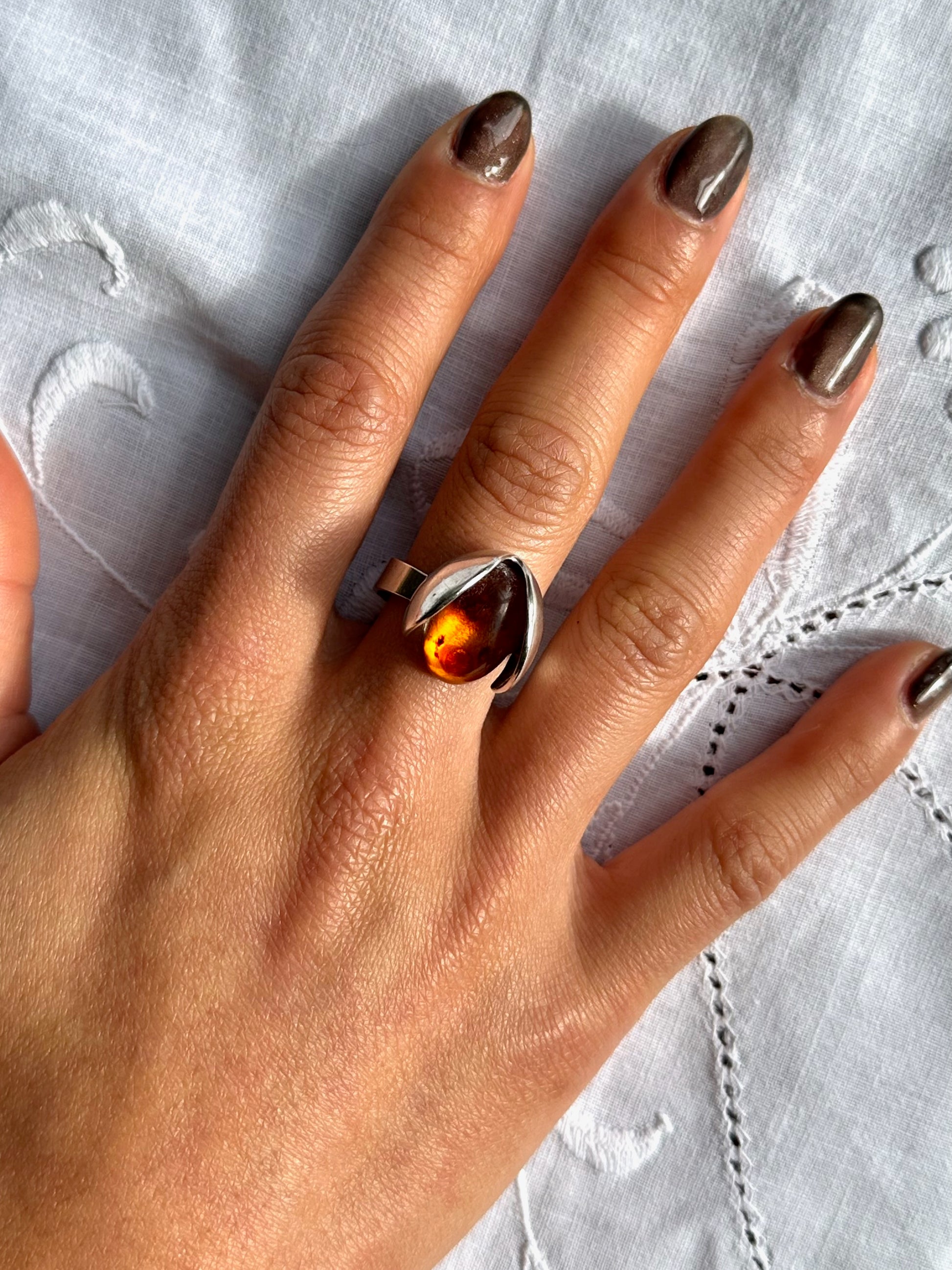 Vintage Amber Ladybird Sterling Silver Ring