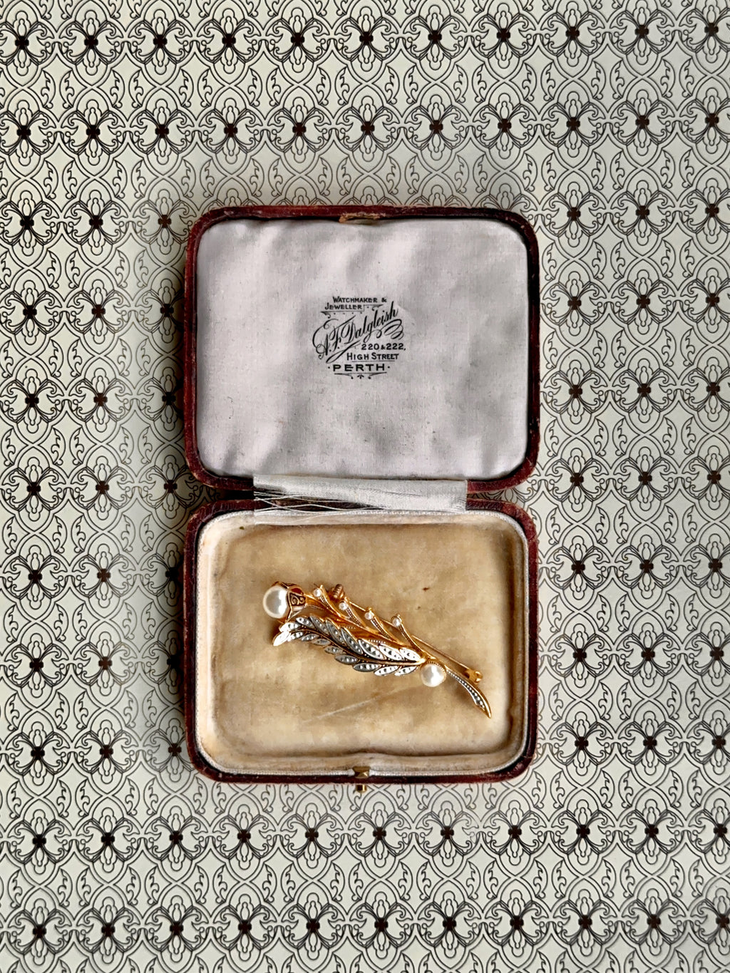 Vintage Faux Pearl and Enamel Leaf Brooch