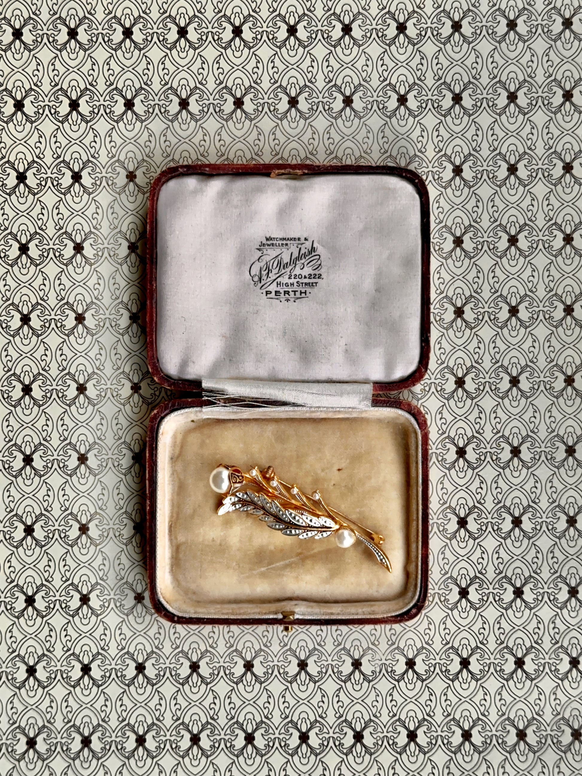 Vintage Faux Pearl and Enamel Leaf Brooch