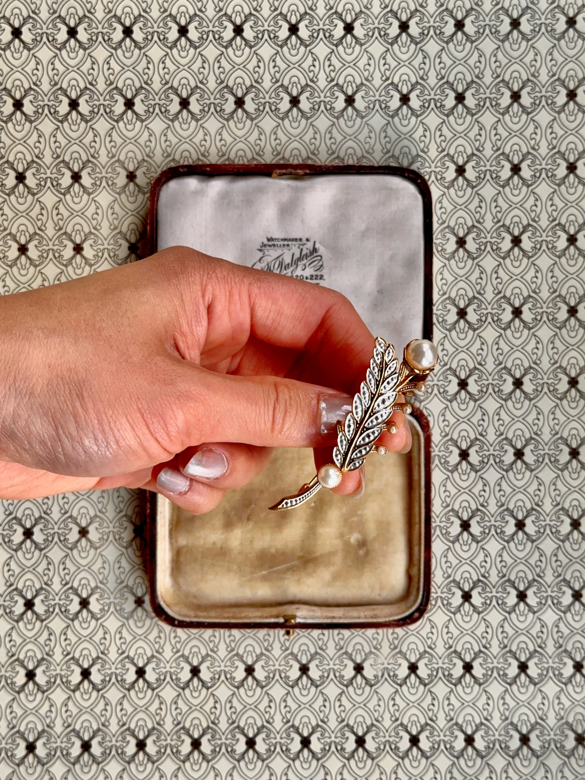 Vintage Faux Pearl and Enamel Leaf Brooch