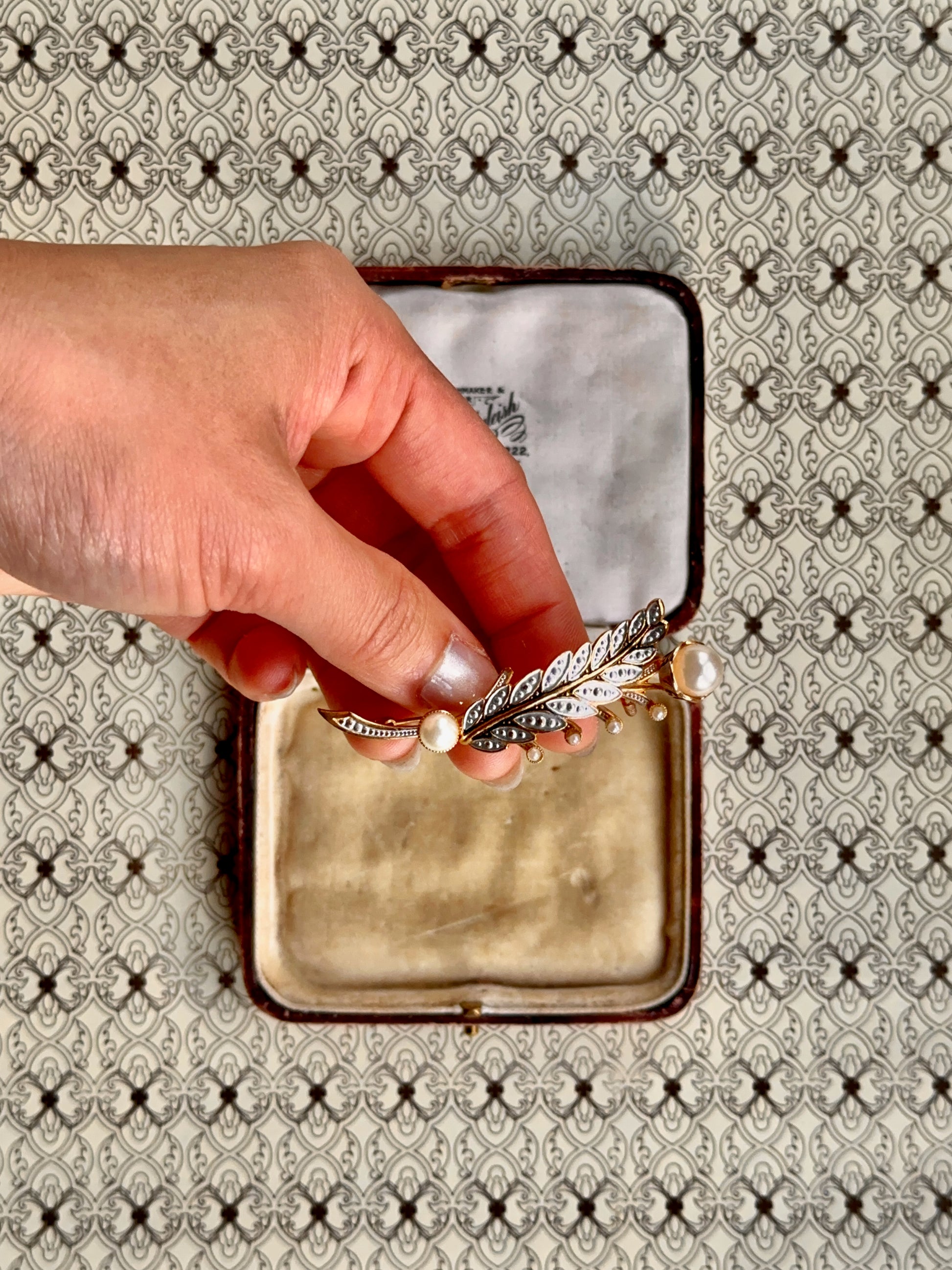 Vintage Faux Pearl and Enamel Leaf Brooch