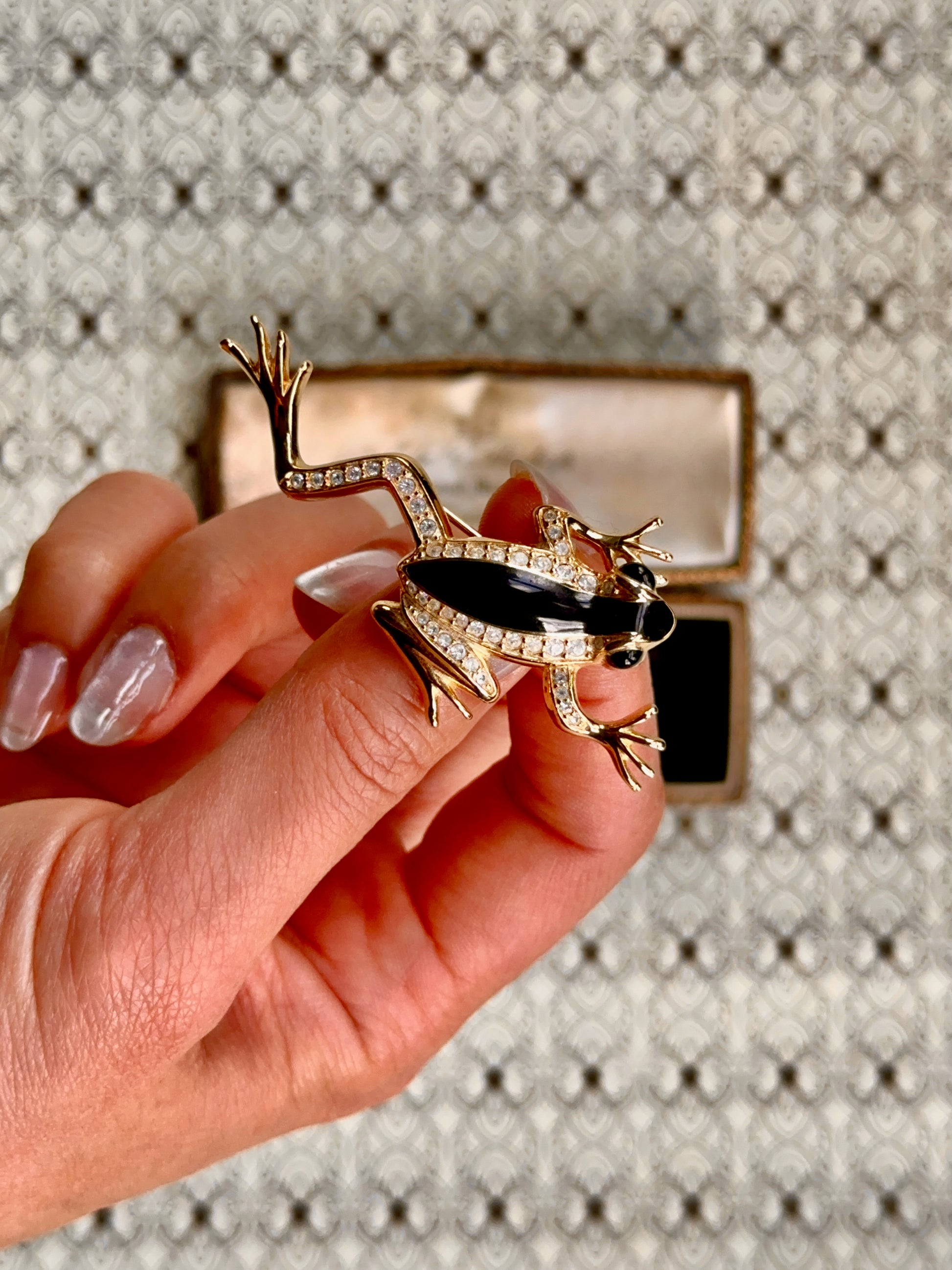 Vintage Frog Black Enamel and Rhinestone Brooch