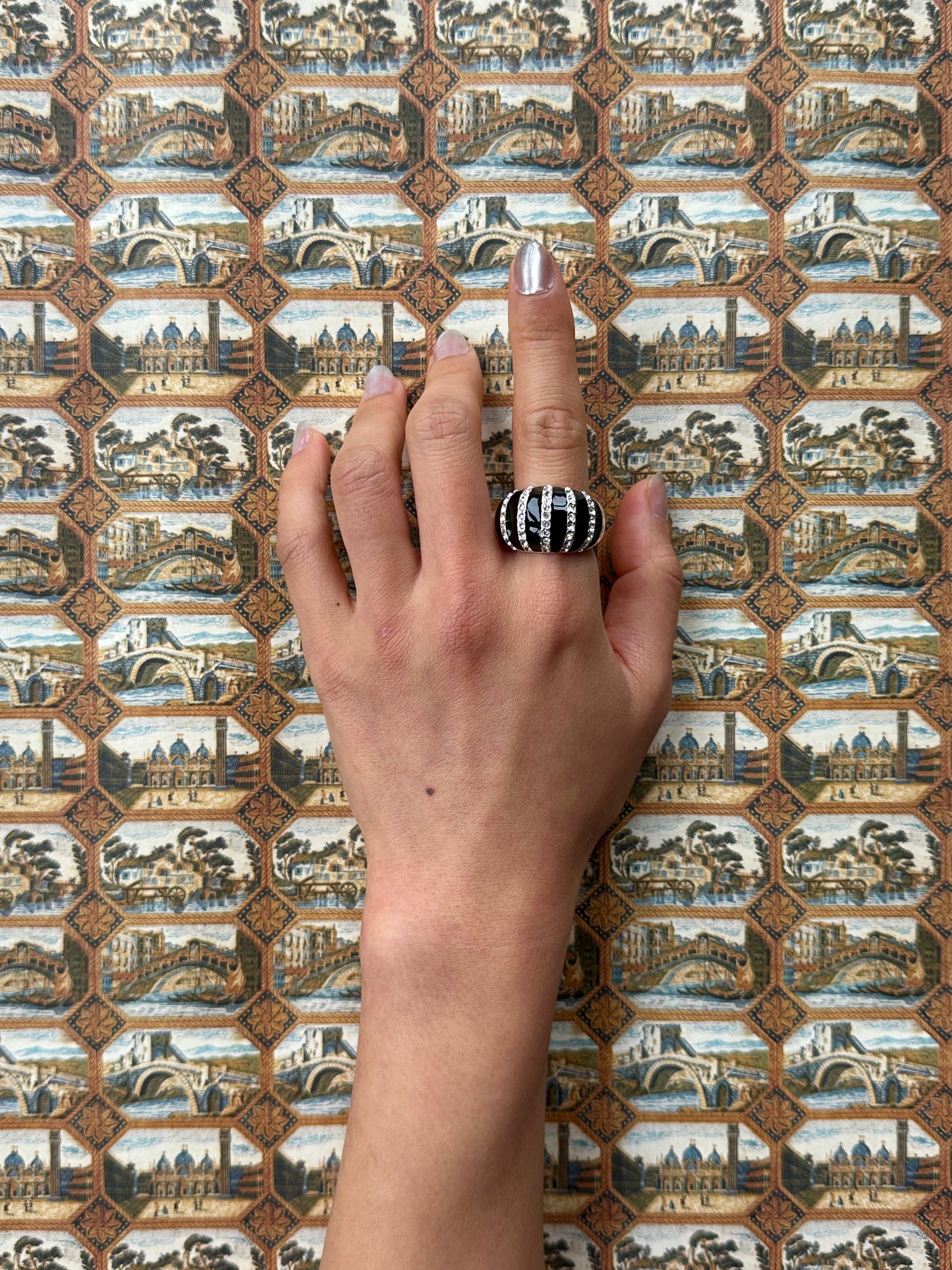 Vintage Black Enamel and Rhinestone Zebra Ring