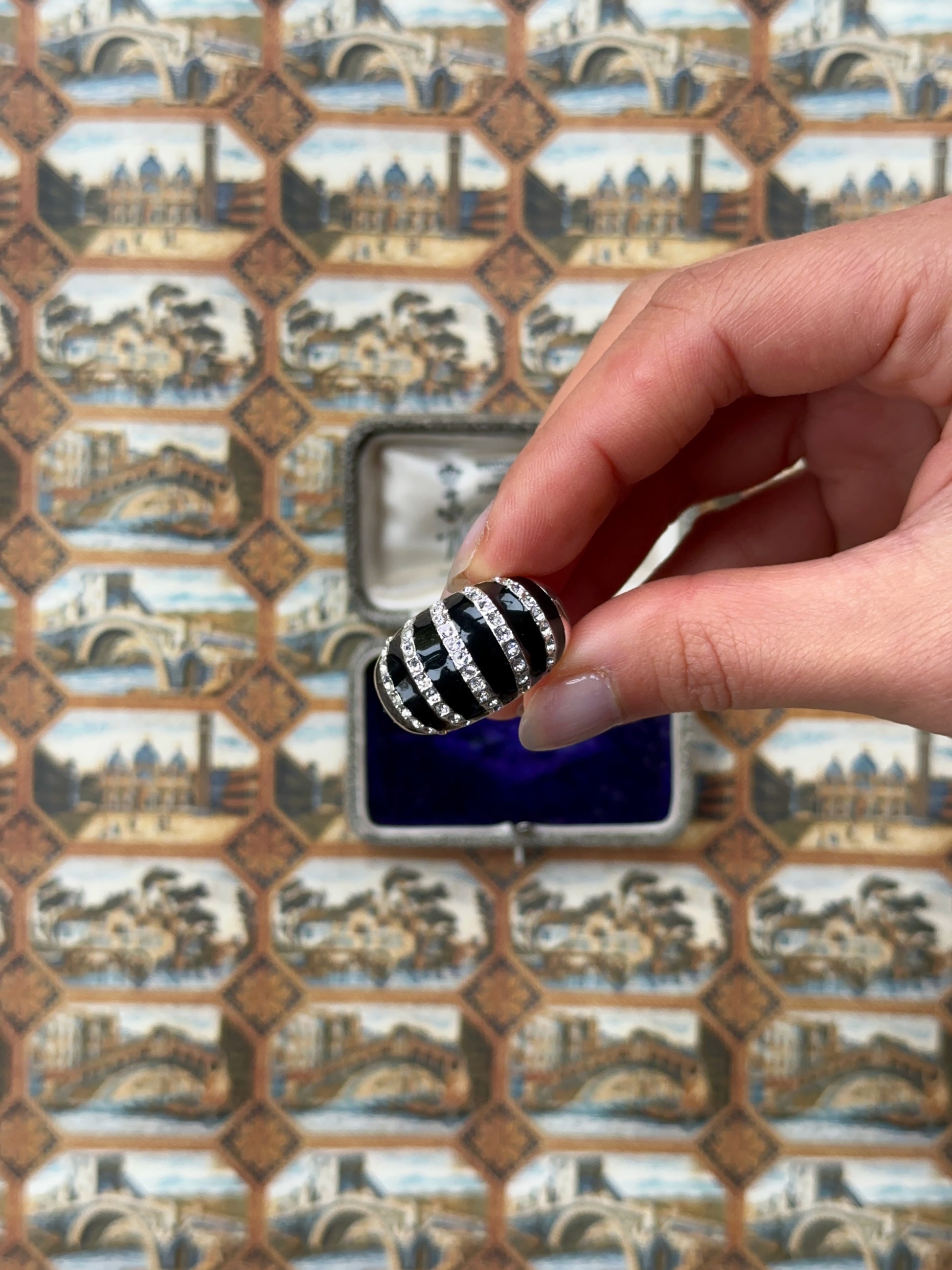 Vintage Black Enamel and Rhinestone Zebra Ring