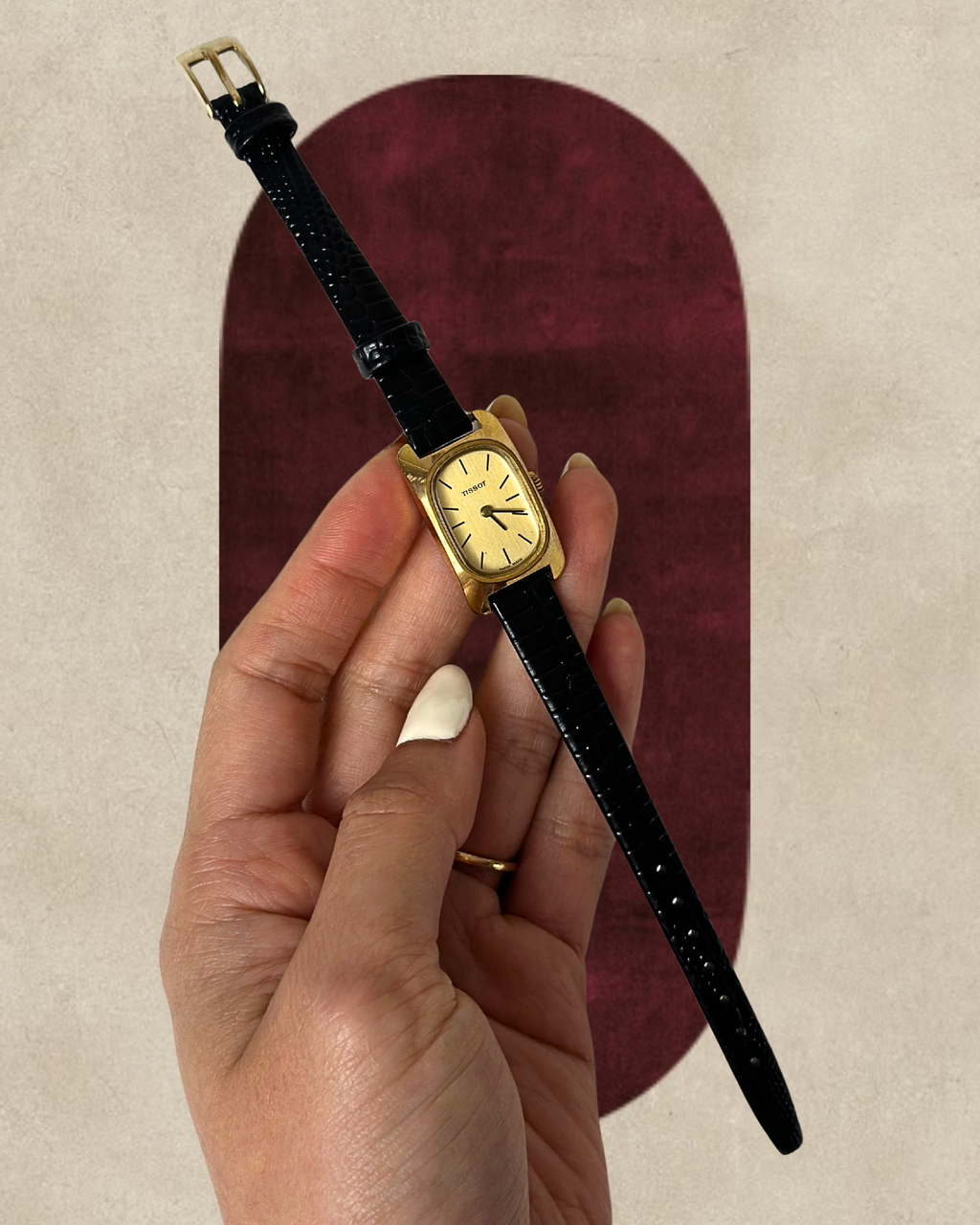 1980s Tissot gold-tone black leather mechanical watch