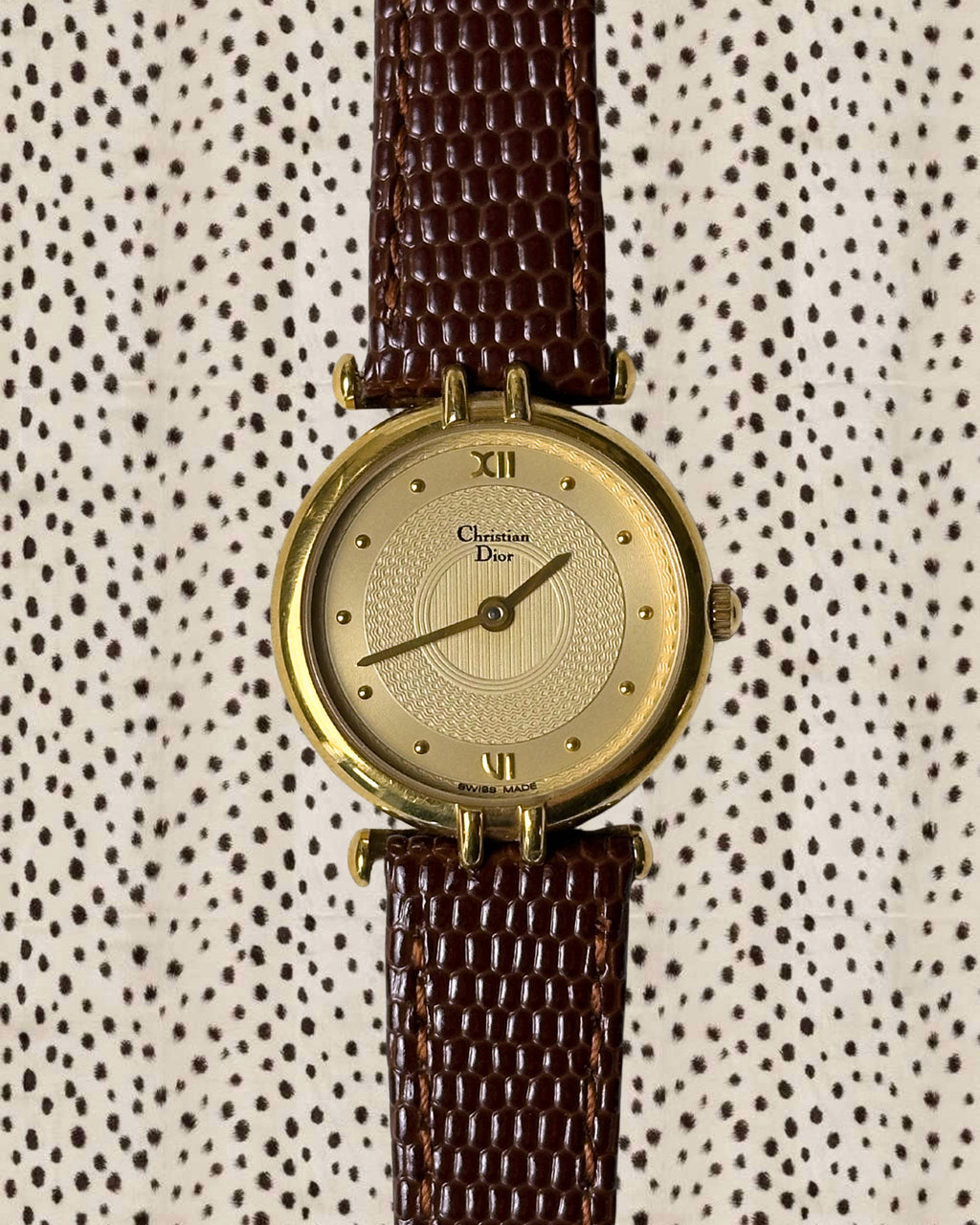 1980s Dior gold-plated brown leather quartz watch