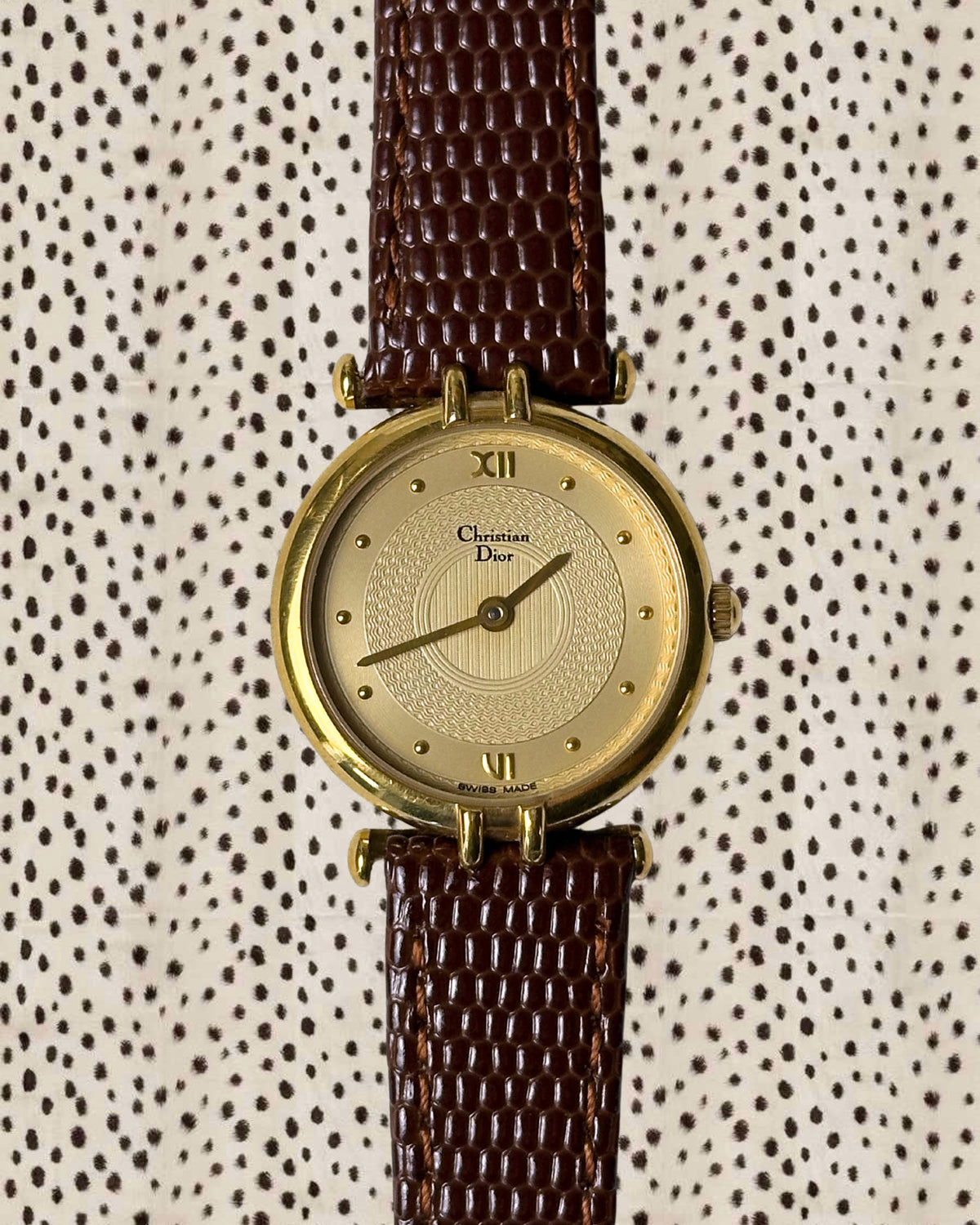 1980s Dior gold-plated brown leather quartz watch