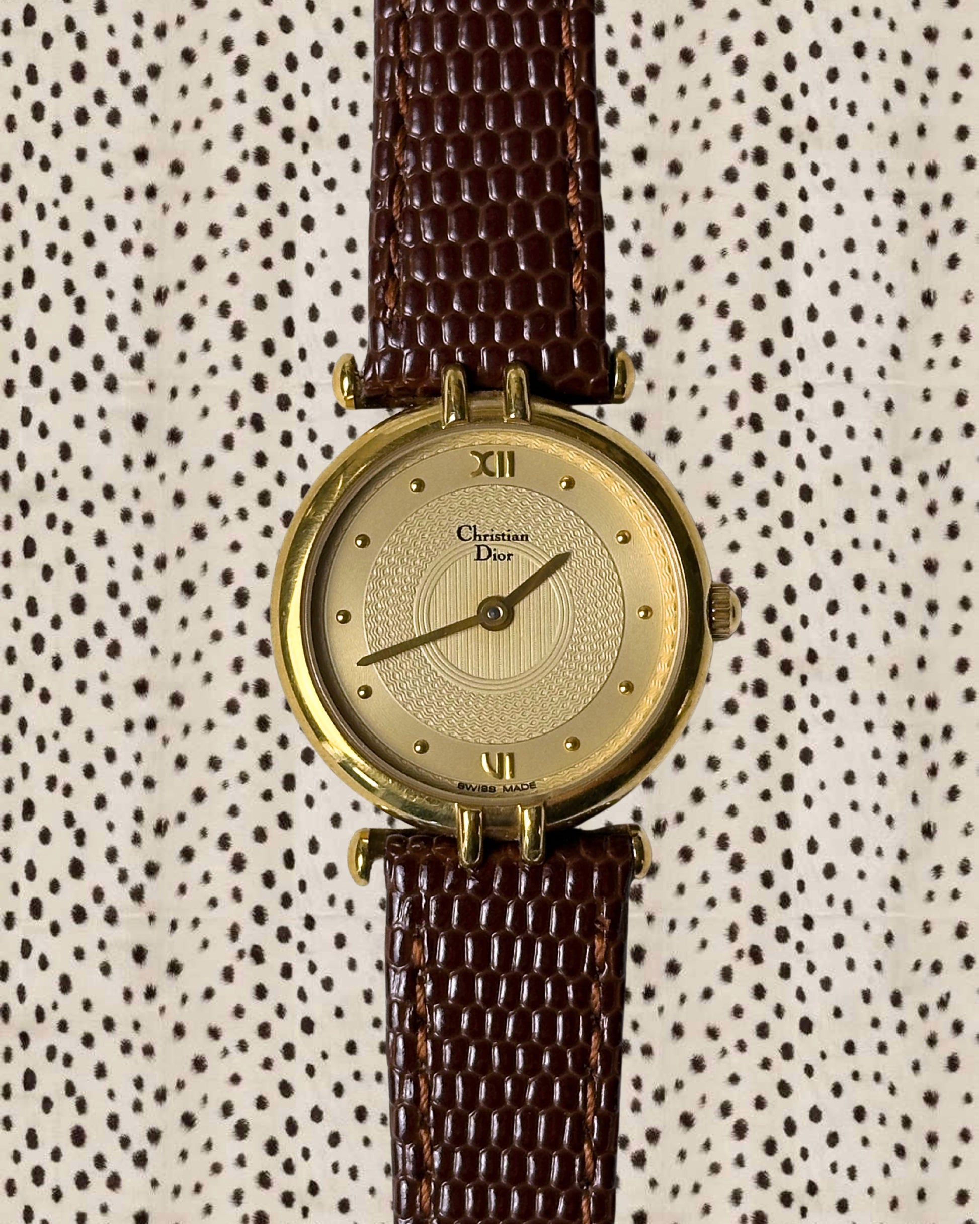 1980s Dior gold-plated brown leather quartz watch