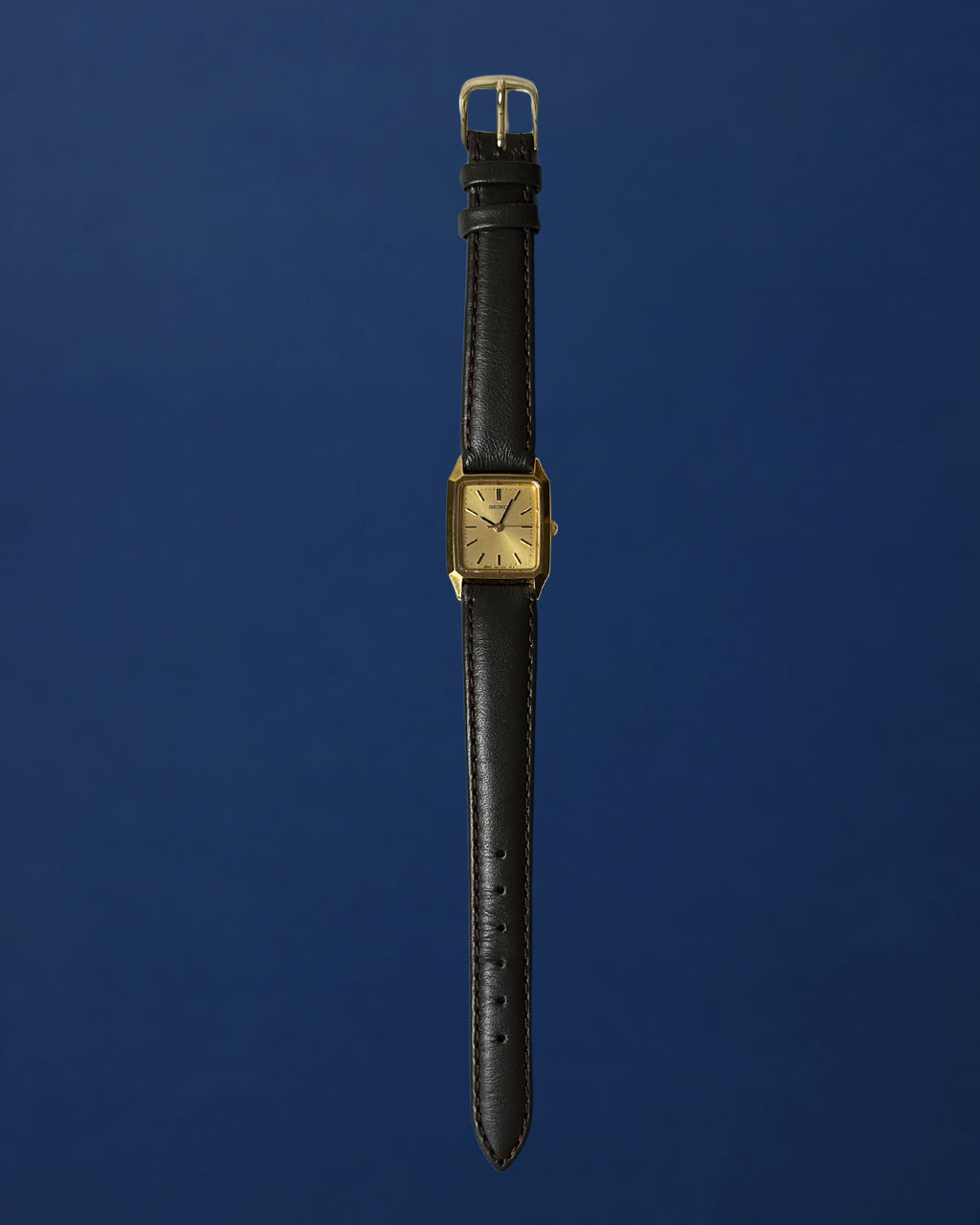1980s Seiko gold tone square brown leather quartz watch