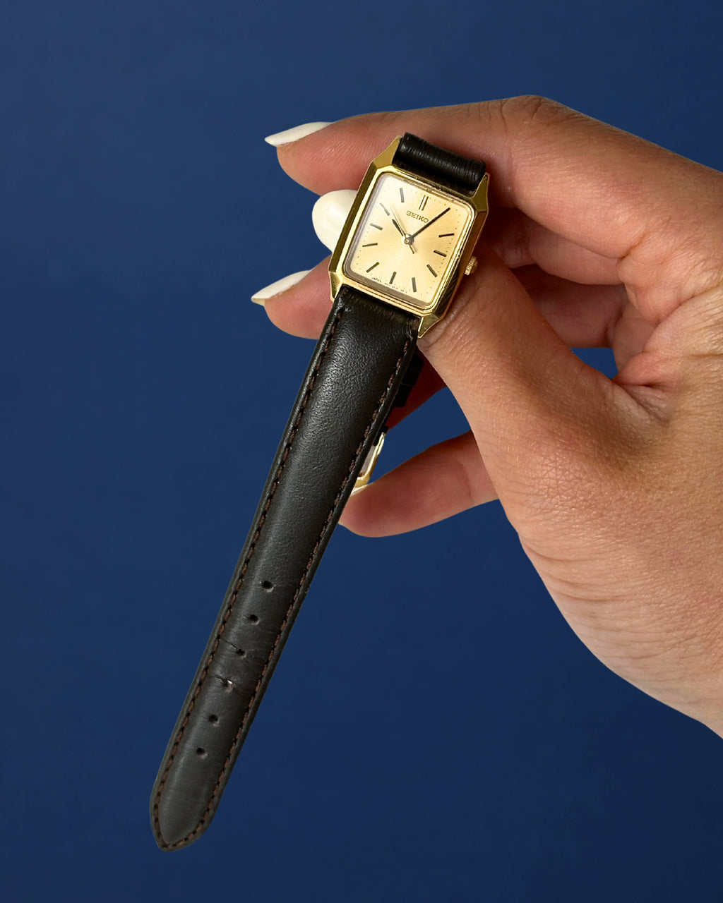 1980s Seiko gold tone square brown leather quartz watch